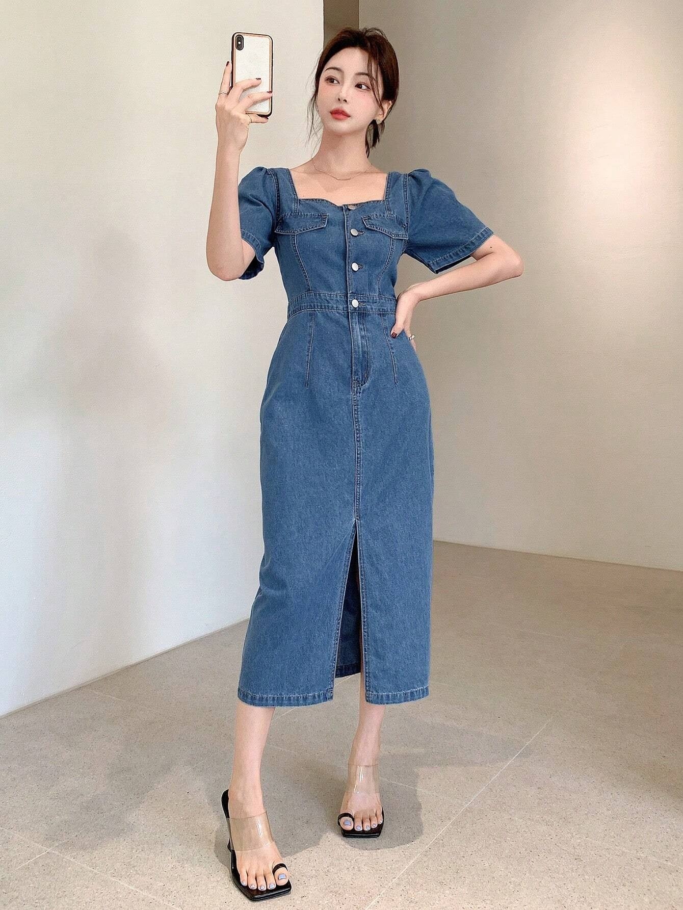 CM-DS907108 Women Casual Seoul Style Square Neck Button Front Split Thigh Denim Dress