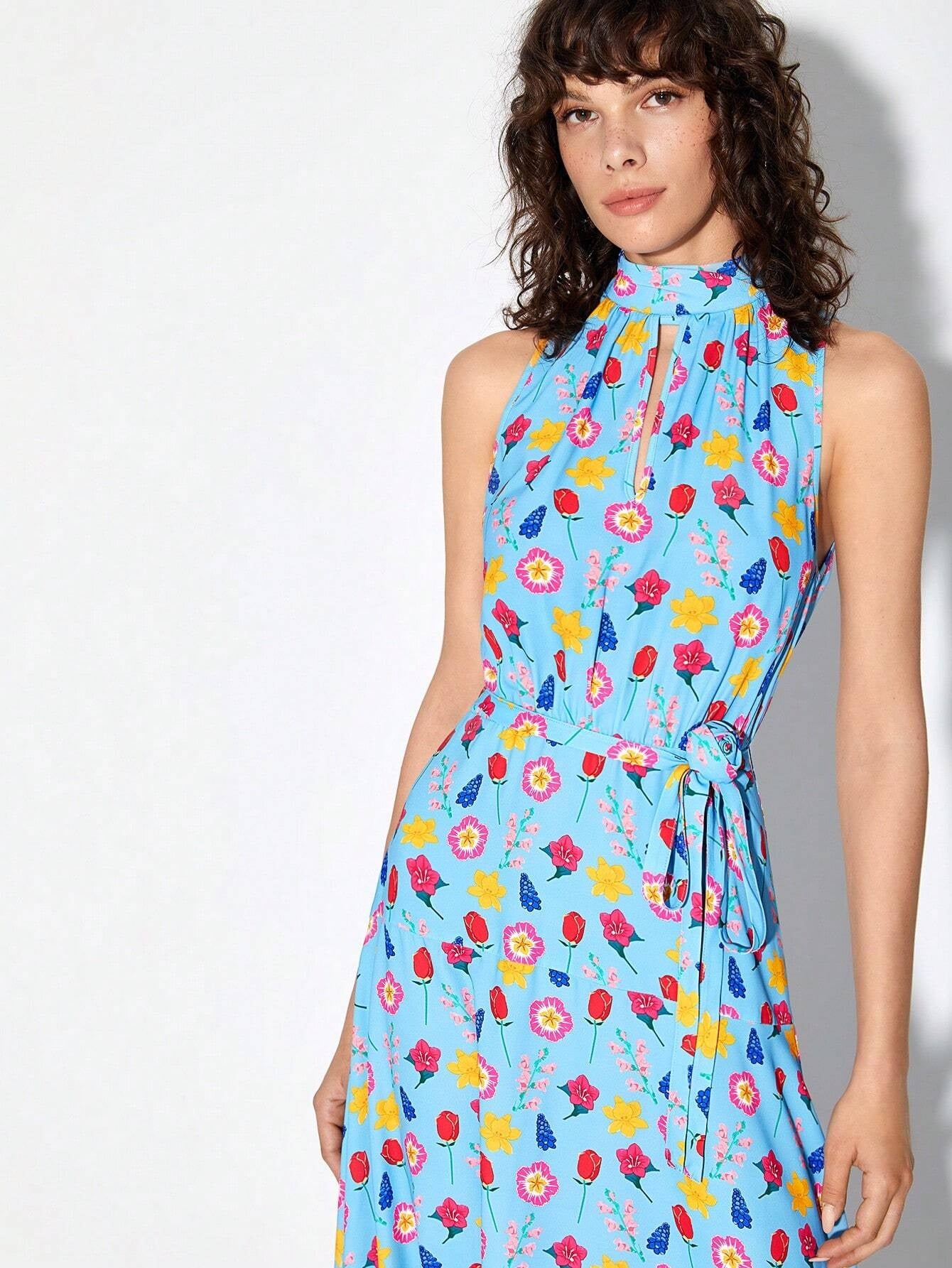 CM-DS611414 Women Trendy Bohemian Style Allover Print Mock Neck Belted Dress