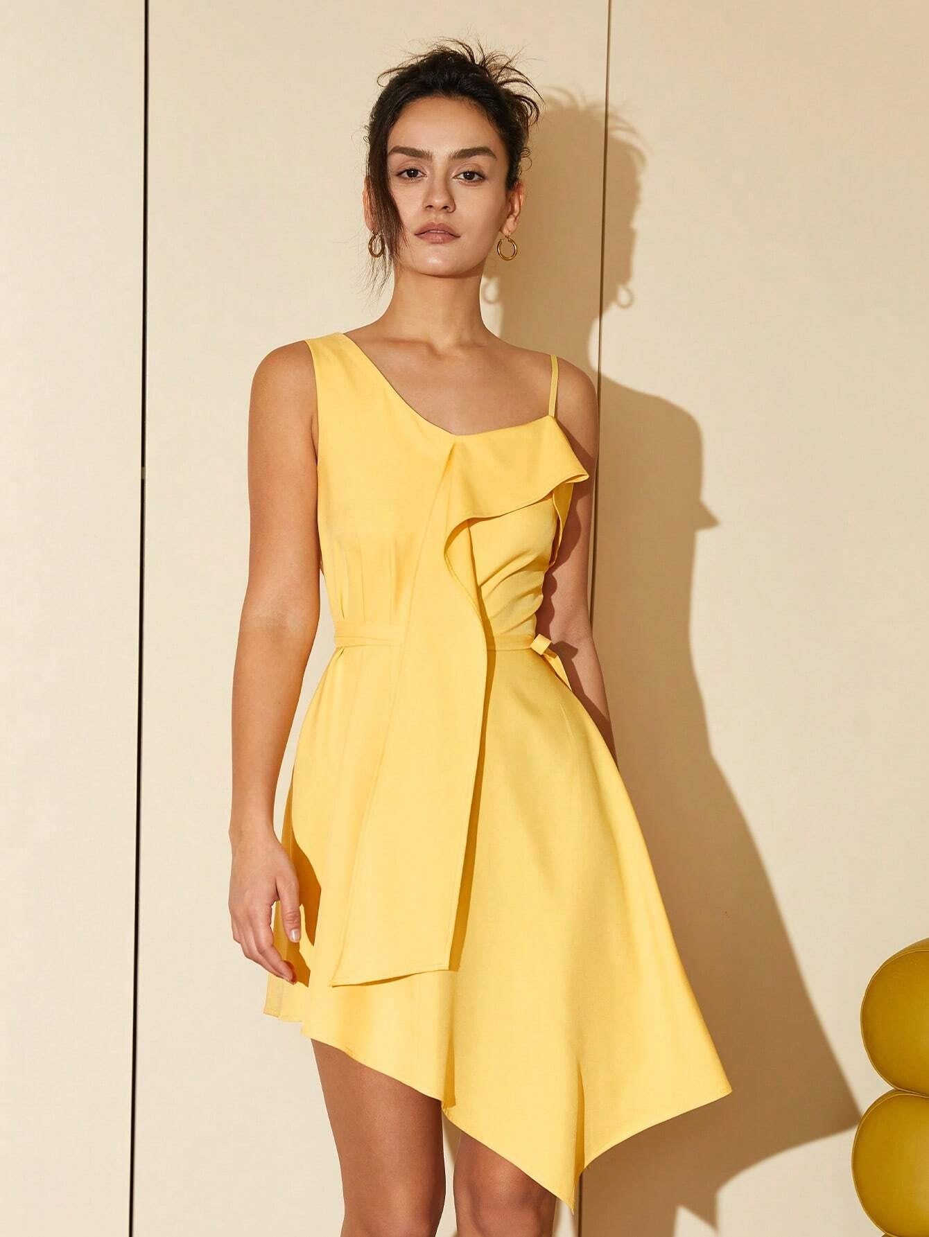 CM-DS706968 Women Elegant Seoul Style Solid Asymmetrical Hem Cami Dress - Yellow