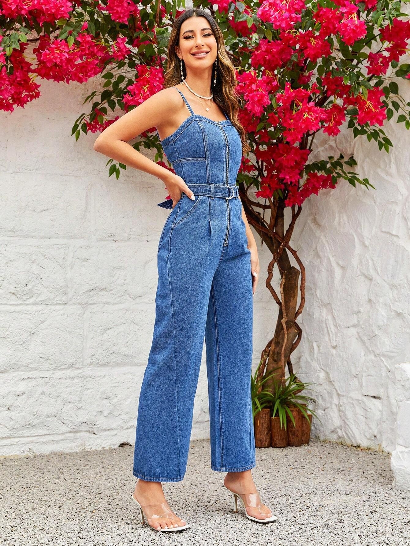 CM-JS805288 Women Preppy Seoul Style Medium Wash Zip Up Belted Cami Denim Jumpsuit