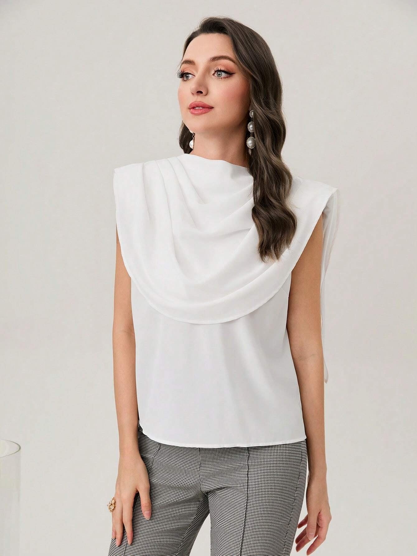 CM-TS051323 Women Causal Seoul Style Sleeveless Solid Shoulder Pad Blouse - White