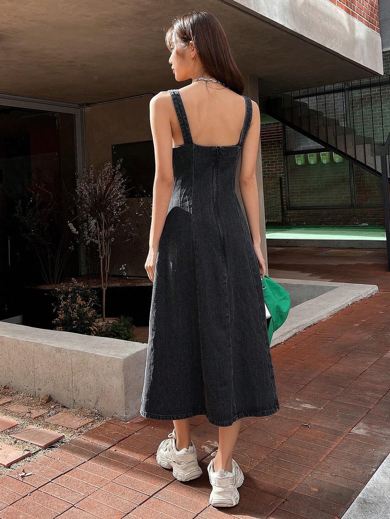 CM-DS195132 Women Casual Seoul Style Solid Zip Back Cami Denim Dress - Dark Gray
