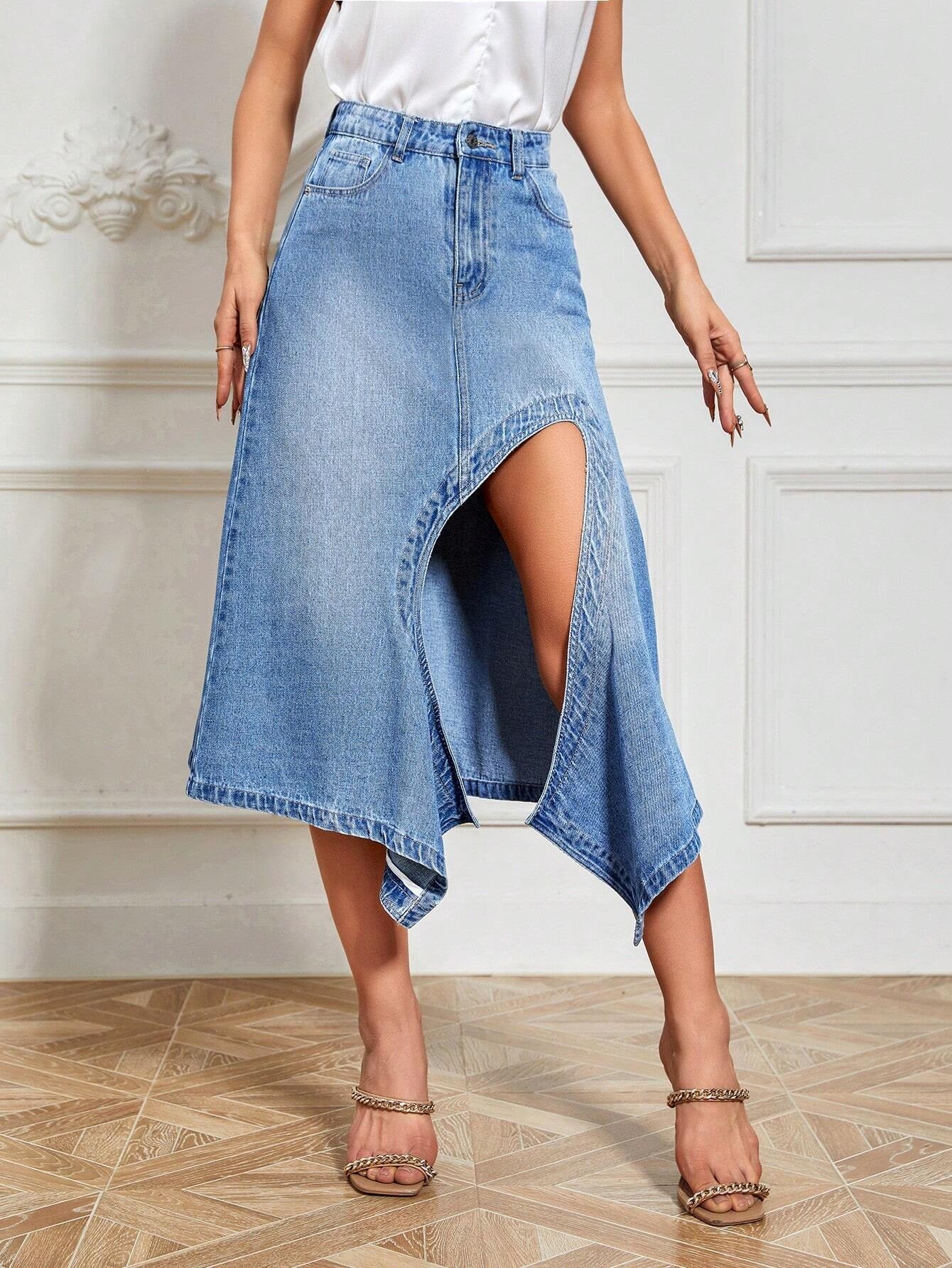 CM-BS151051 Women Preppy Seoul Style Light Wash Asymmetrical Hem Denim Skirt