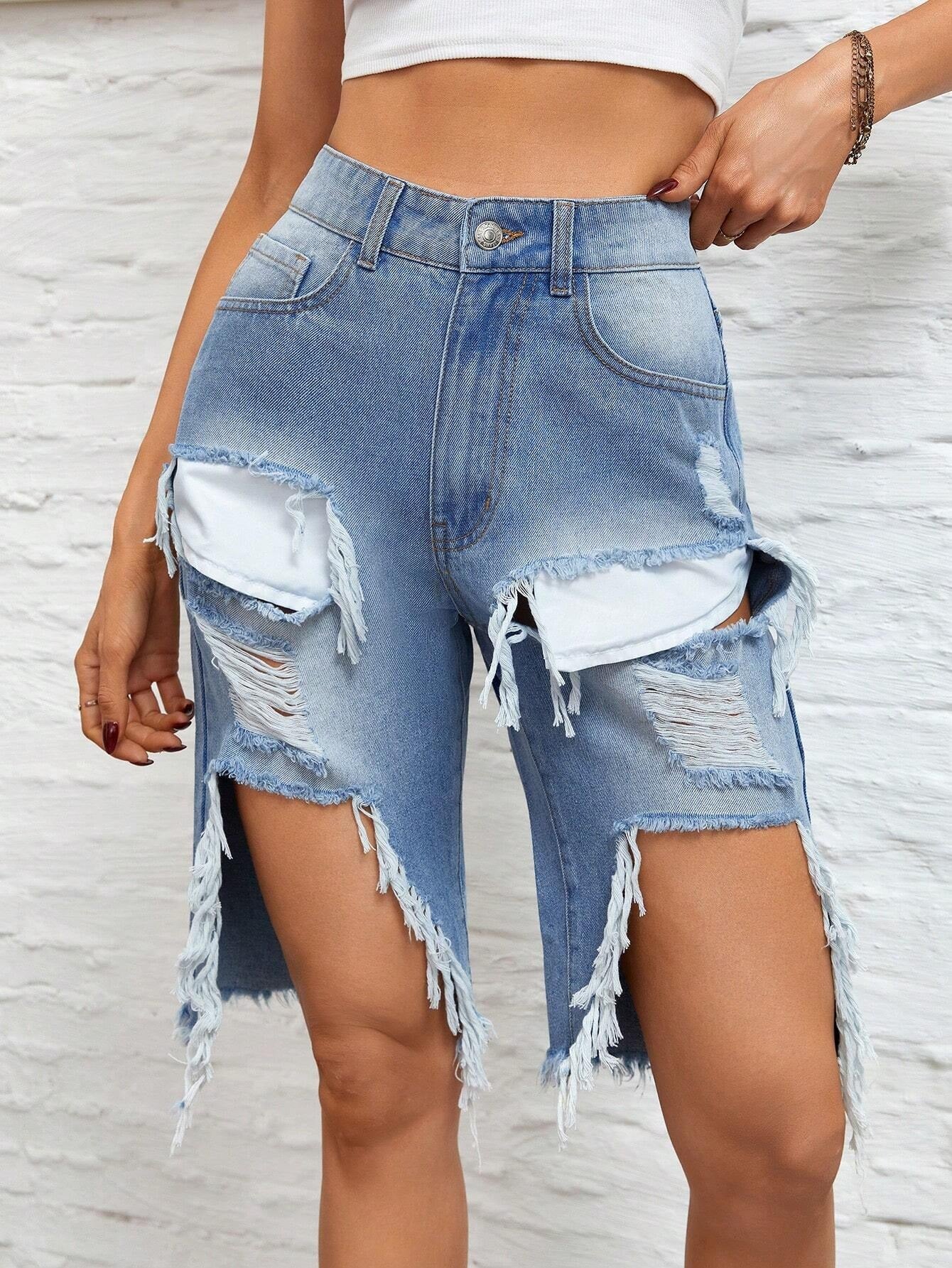 CM-BS016604 Women Casual Seoul Style Light Wash Ripped Raw Hem Denim Shorts