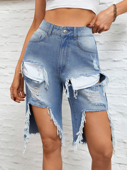 CM-BS016604 Women Casual Seoul Style Light Wash Ripped Raw Hem Denim Shorts