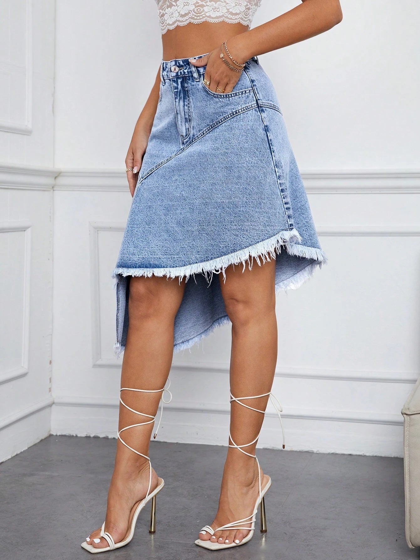 CM-BS359049 Women Casual Seoul Style High Waist Raw Trim Asymmetrical Hem Denim Skirt
