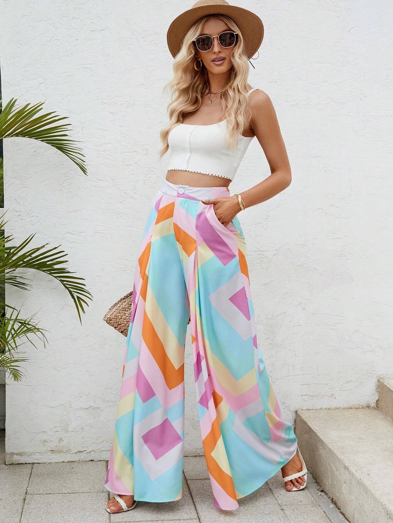CM-BS791989 Women Trendy Bohemian Style Geometric Print Wide Leg Pants