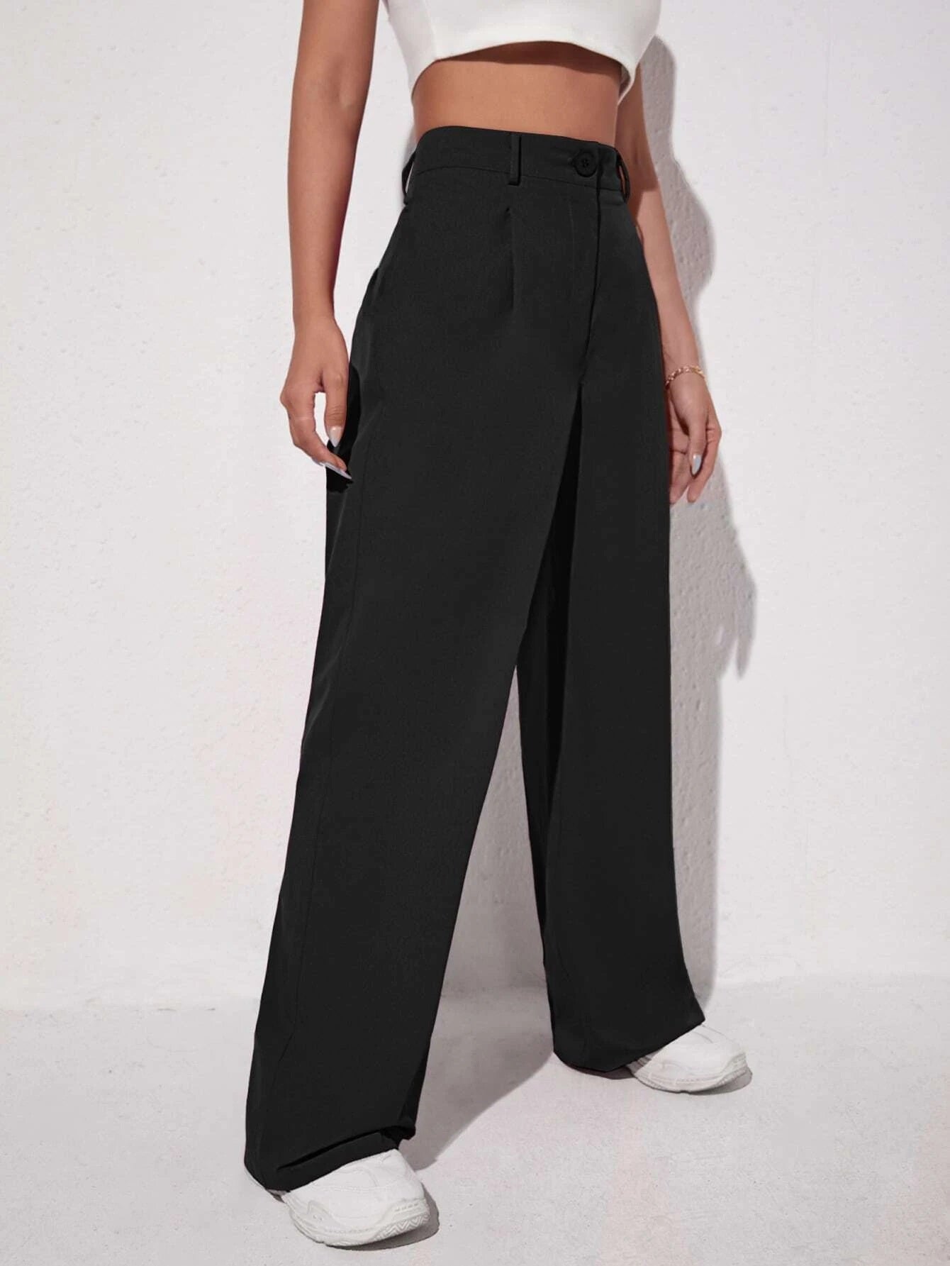 CM-BS232704 Women Elegant Seoul Style Solid Slant Pocket Wide Leg Pants - Black