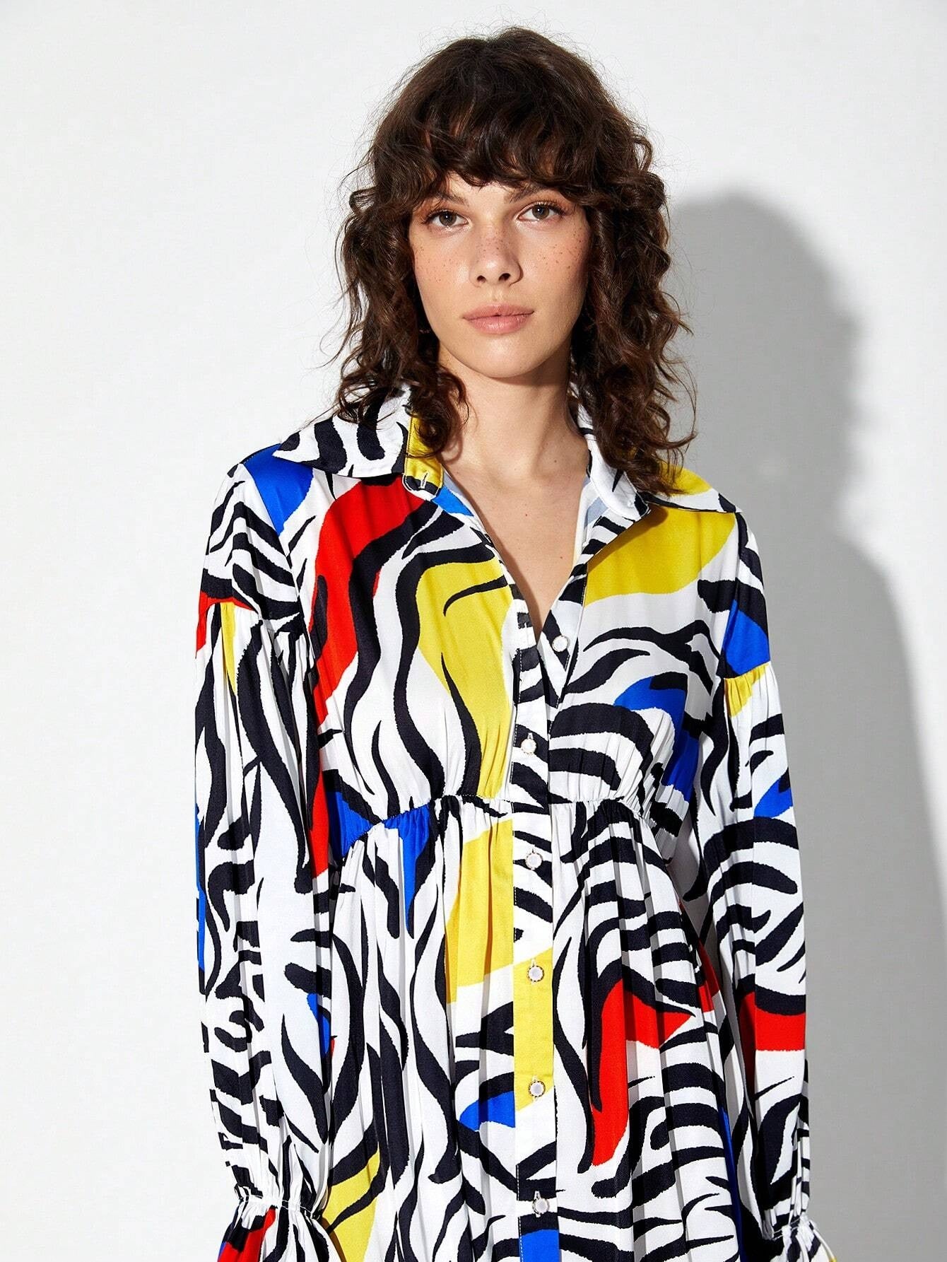 CM-DS929056 Women Casual Seoul Style Allover Print Flounce Sleeve Shirt Dress