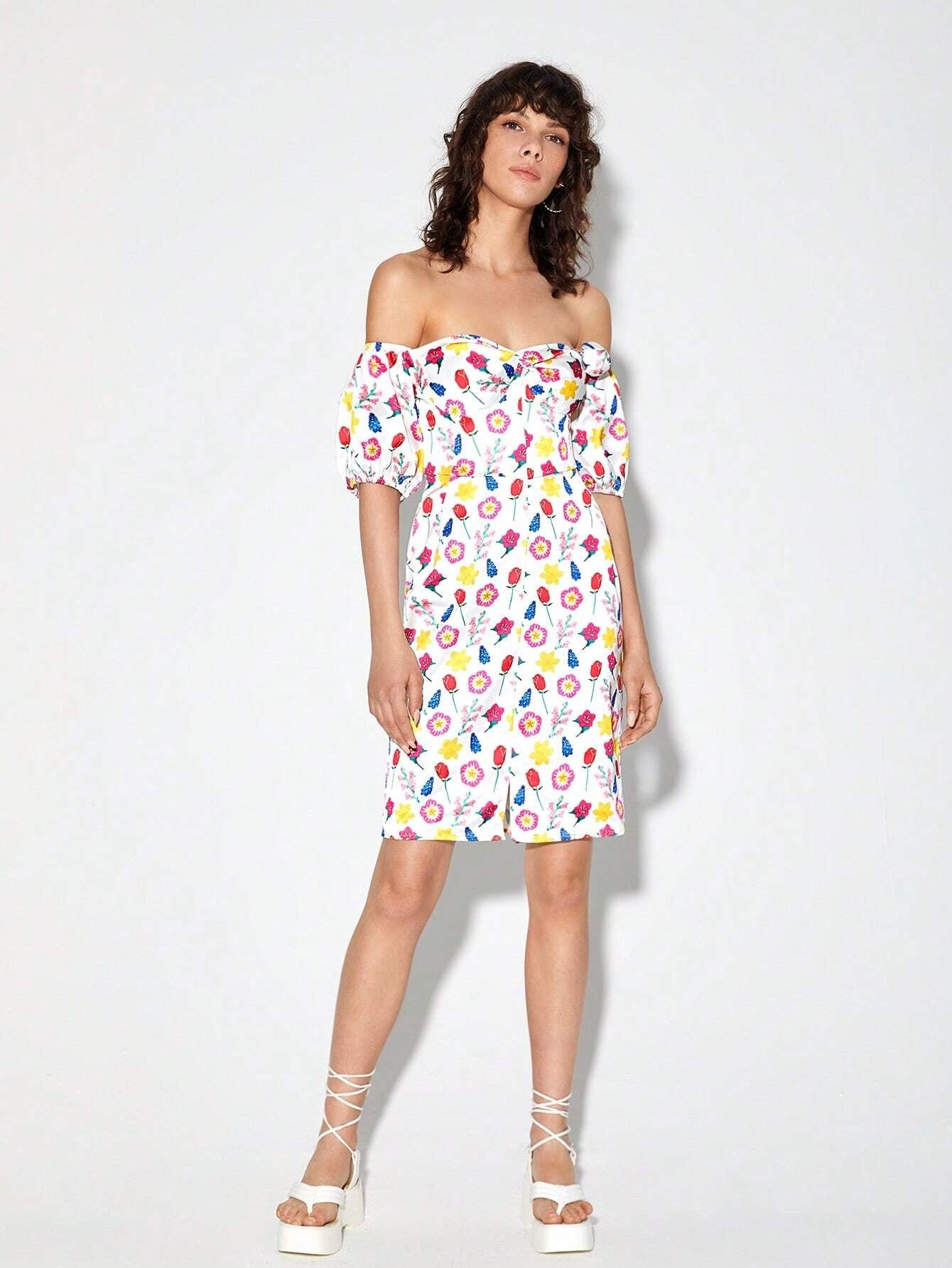 CM-DS881612 Women Casual Seoul Style Off Shoulder Allover Print Ruched Bust Dress