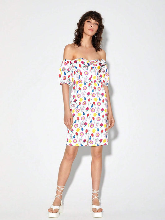 CM-DS881612 Women Casual Seoul Style Off Shoulder Allover Print Ruched Bust Dress