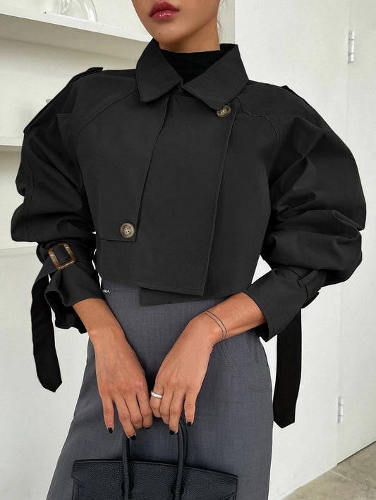 CM-CS731613 Women Elegant Seoul Style Buckle Raglan Sleeve Crop Trench Coat - Black