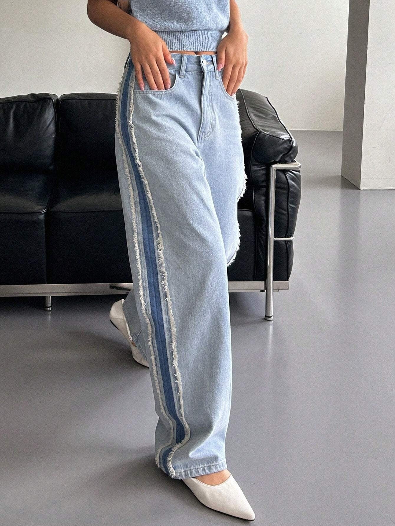 CM-BS152327 Women Preppy Seoul Style High Waist Contrast Side Seam Straight Leg Jeans