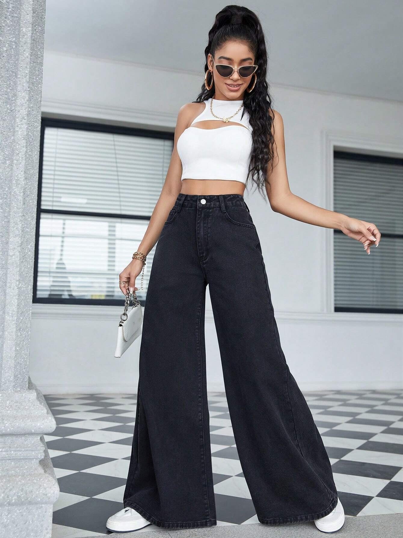 CM-BS434641 Women Casual Seoul Style High Waist Wide Leg Jeans - Black