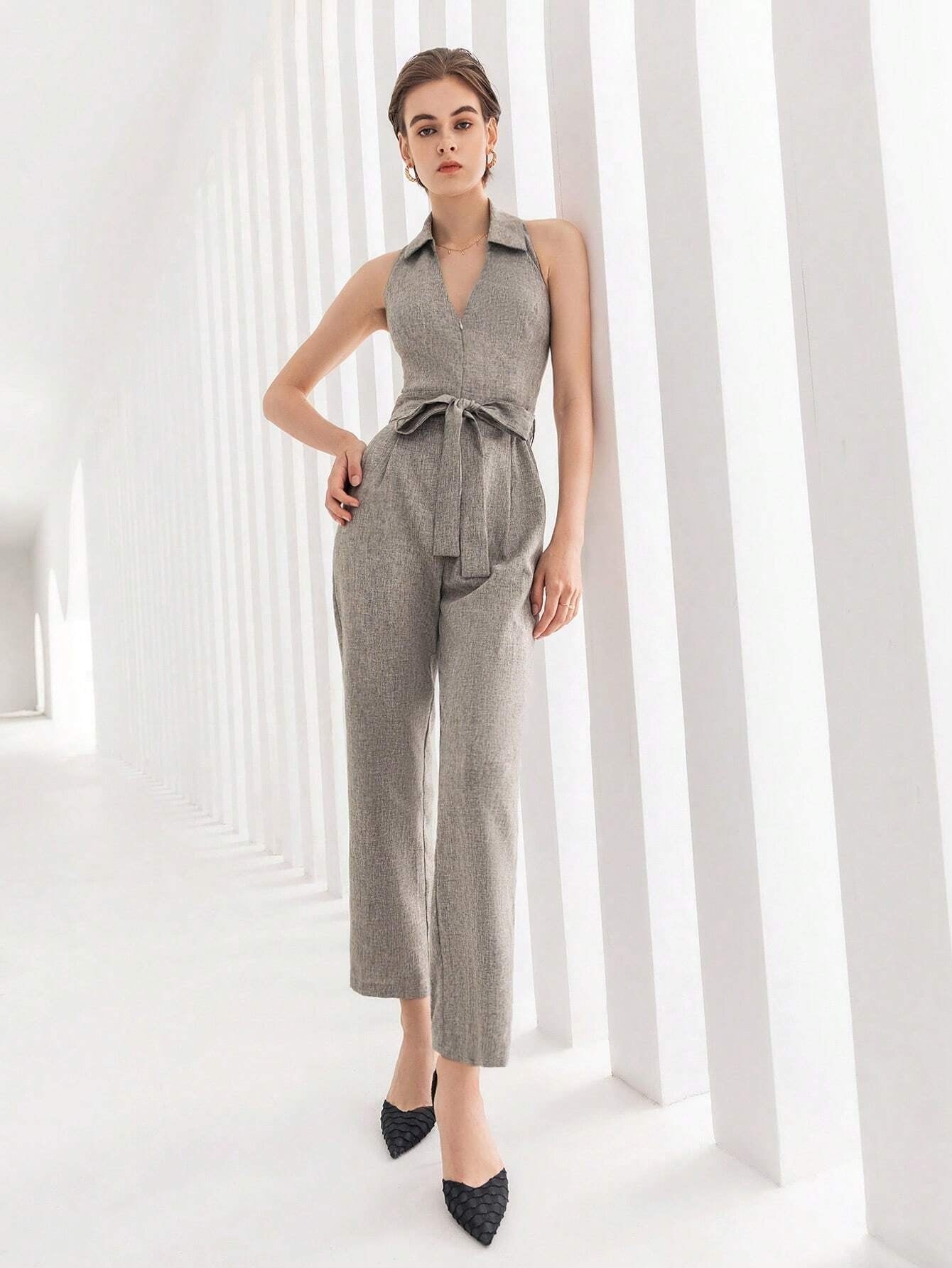CM-JS410070 Women Elegant Seoul Style Sleeveless Solid Belted Halter Jumpsuit - Gray