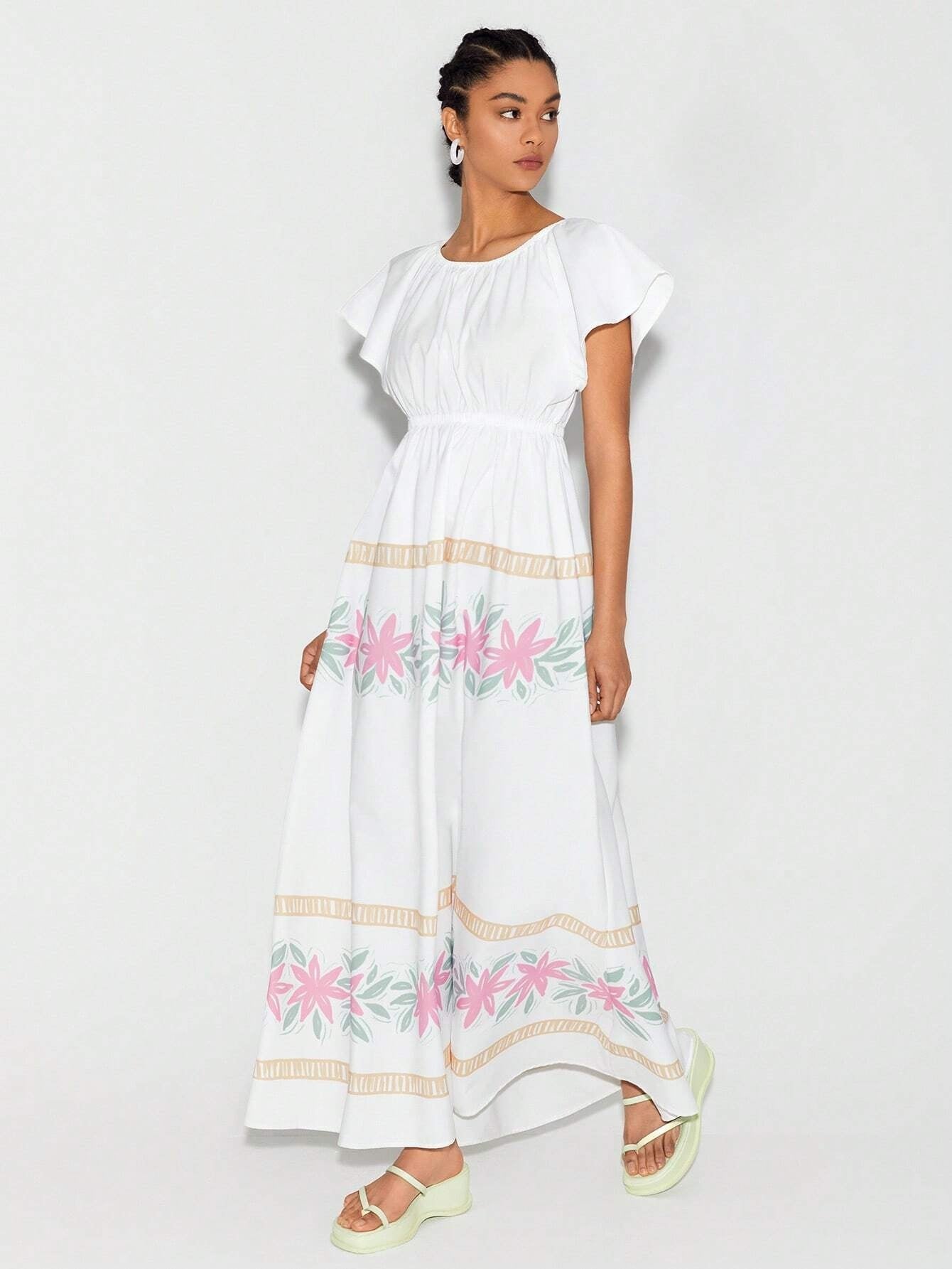 CM-DS655046 Women Trendy Bohemian Style Round Neck Floral Print Ruffle Trim Dress