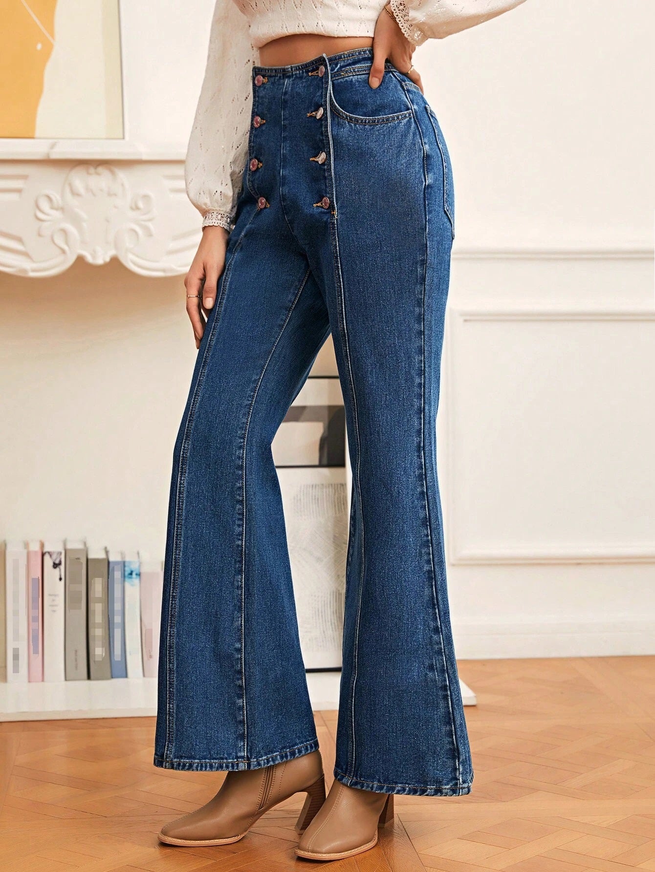 CM-BS341700 Women Casual Seoul Style Dark Wash High Waist Double Breasted Flare Leg Jeans