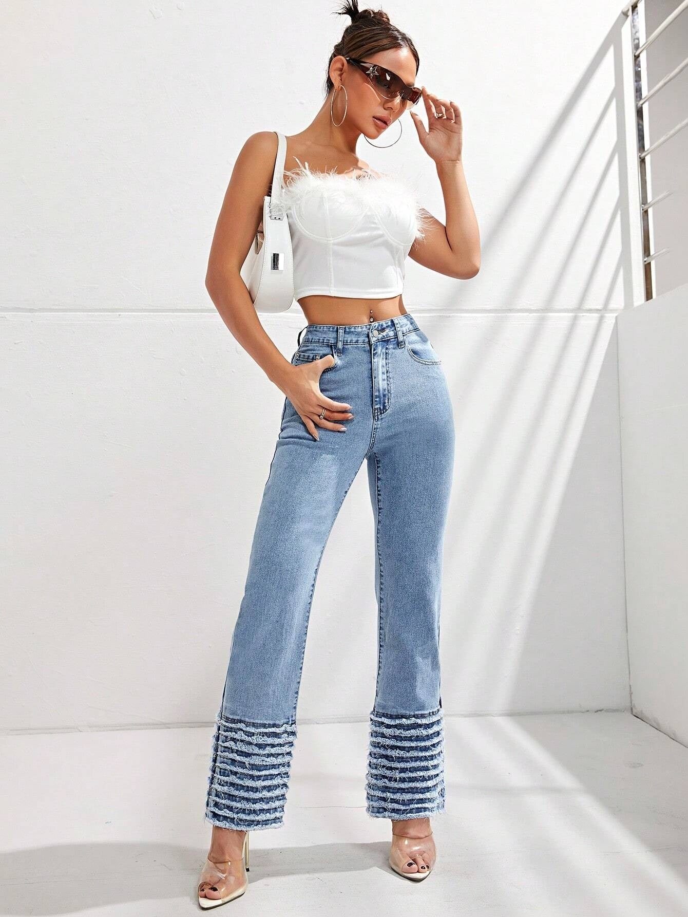 CM-BS076701 Women Preppy Seoul Style Light Wash Raw Hem Flare Leg Jeans