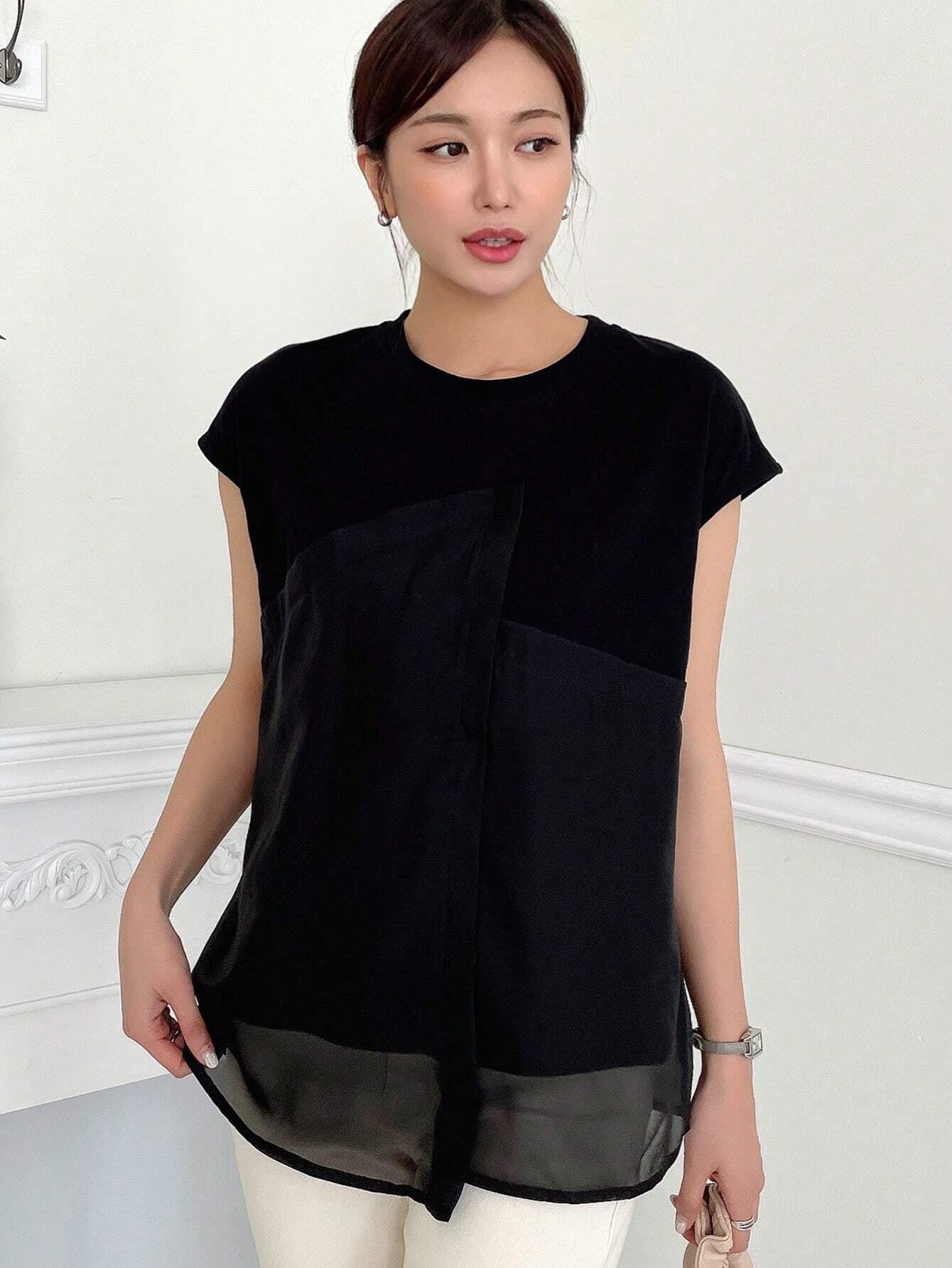 CM-TS603303 Women Casual Seoul Style Solid Belted Mesh Overlay Belted Tee - Black