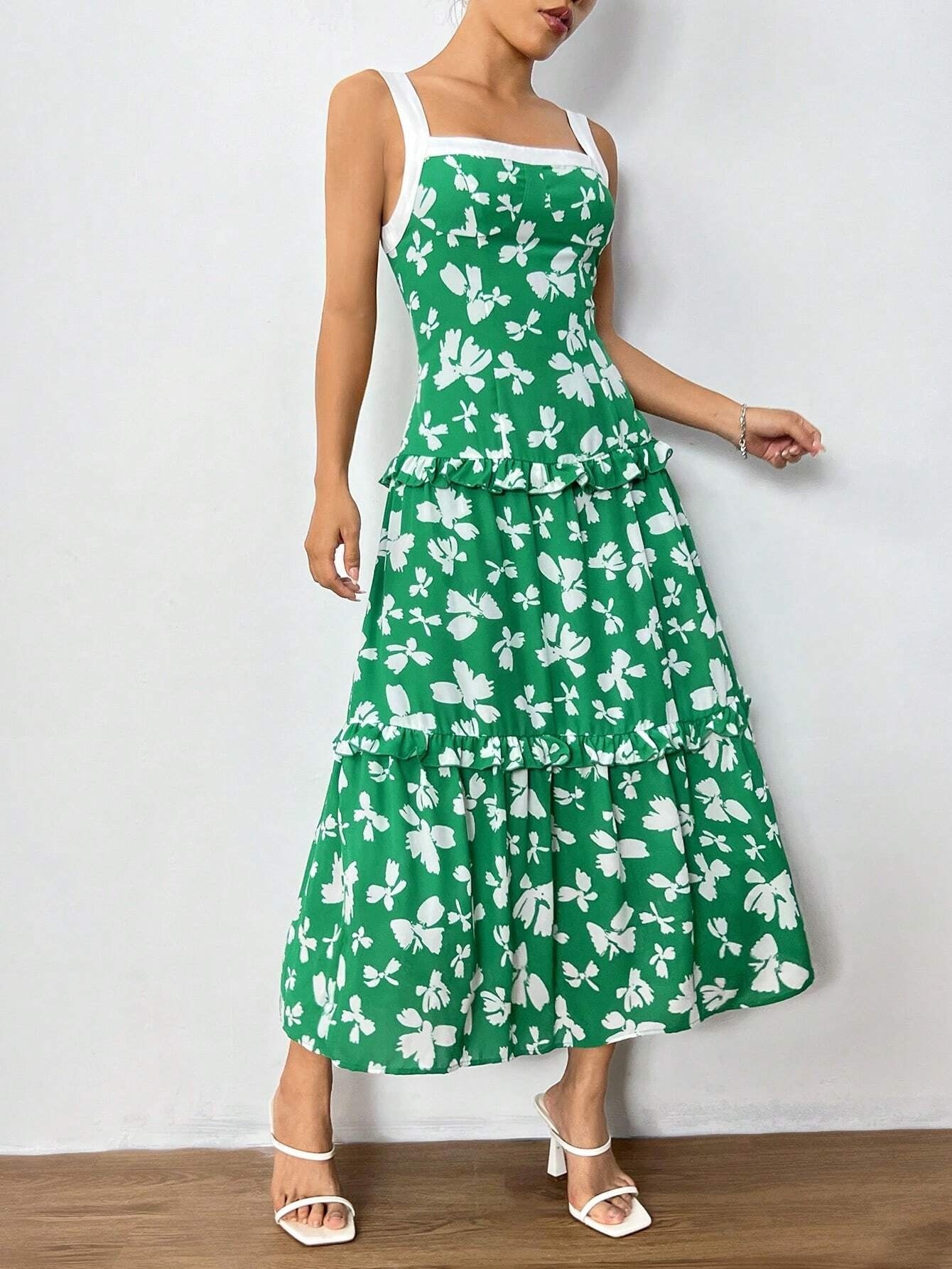 CM-DS977995 Women Casual Seoul Style Sleeveless Allover Print Ruffle Hem Dress