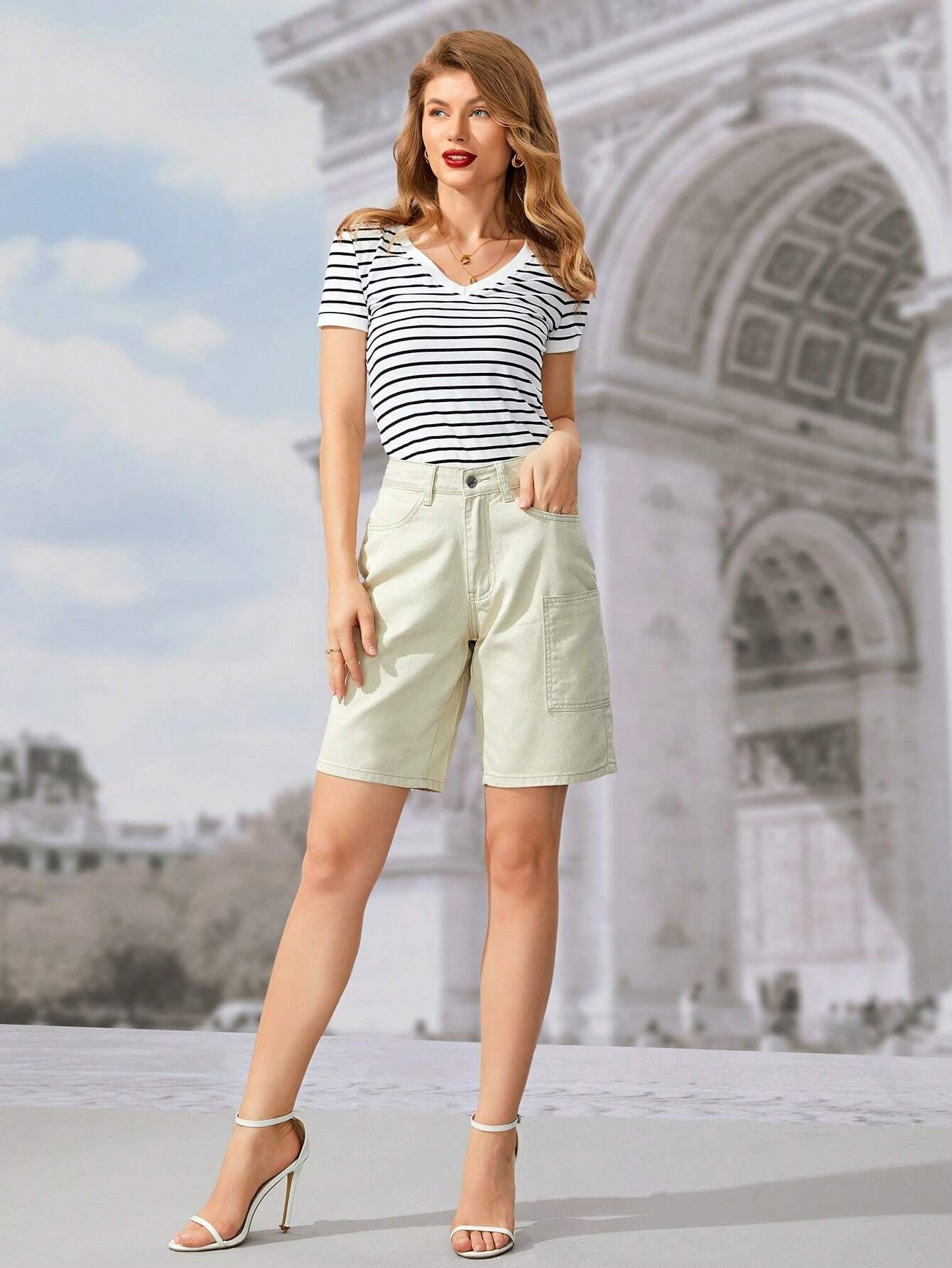 CM-BS200876 Women Casual Seoul Style Solid Pocket Patched Denim Shorts - Apricot
