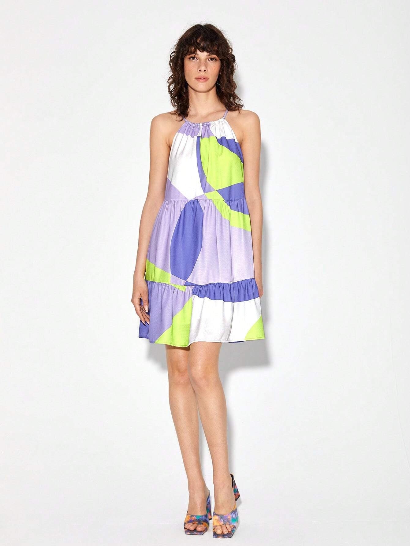 CM-DS824168 Women Casual Seoul Style Sleeveless Colorblock Ruffle Hem Cami Dress