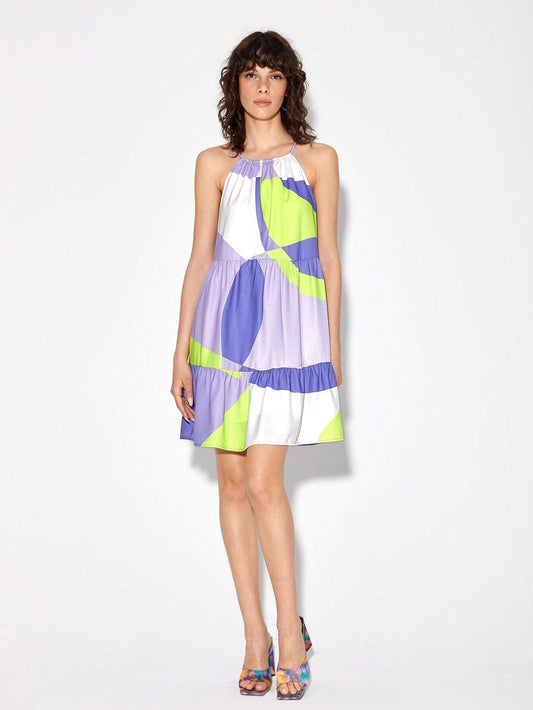 CM-DS824168 Women Casual Seoul Style Sleeveless Colorblock Ruffle Hem Cami Dress
