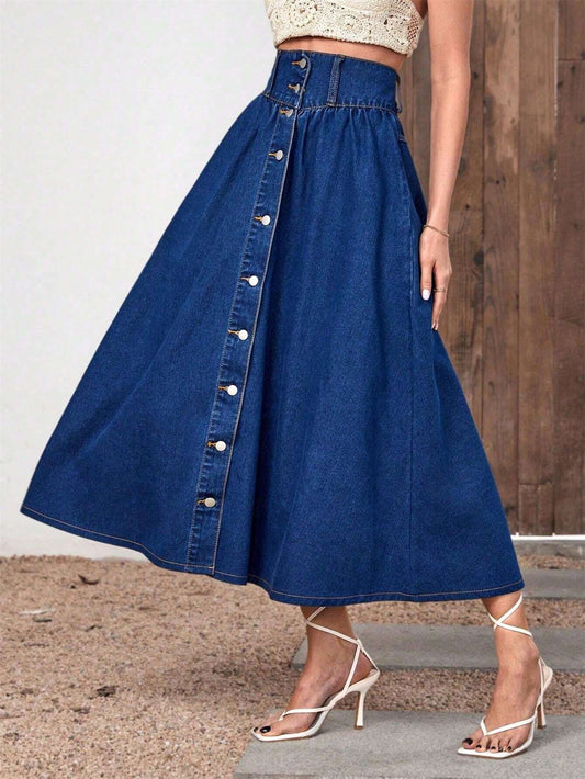 CM-BS756860 Women Casual Seoul Style Dark Wash High Waist Button Front Denim Skirt