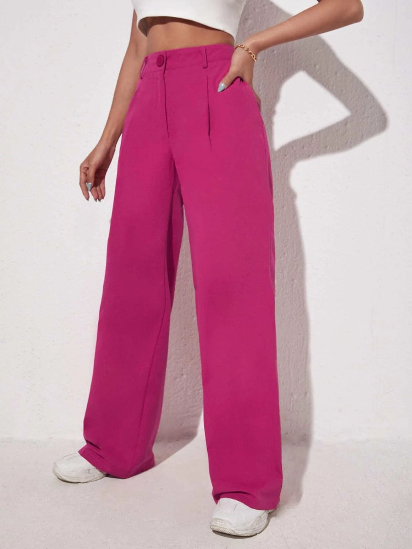 CM-BS308235 Women Elegant Seoul Style Solid Slant Pocket Wide Leg Pants - Hot Pink