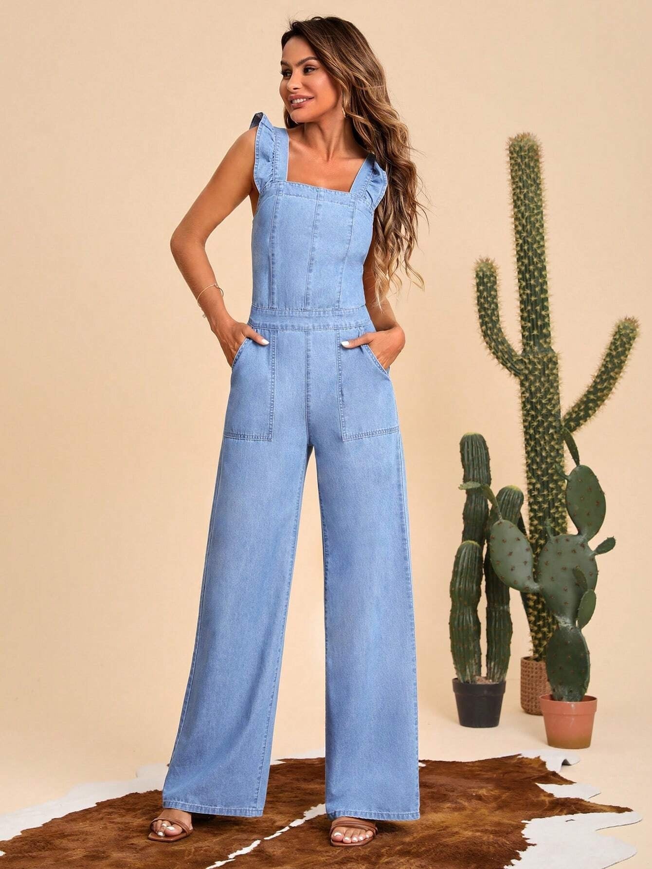 CM-JS626863 Women Preppy Seoul Style Light Wash Ruffle Trim Wide Leg Denim Jumpsuit