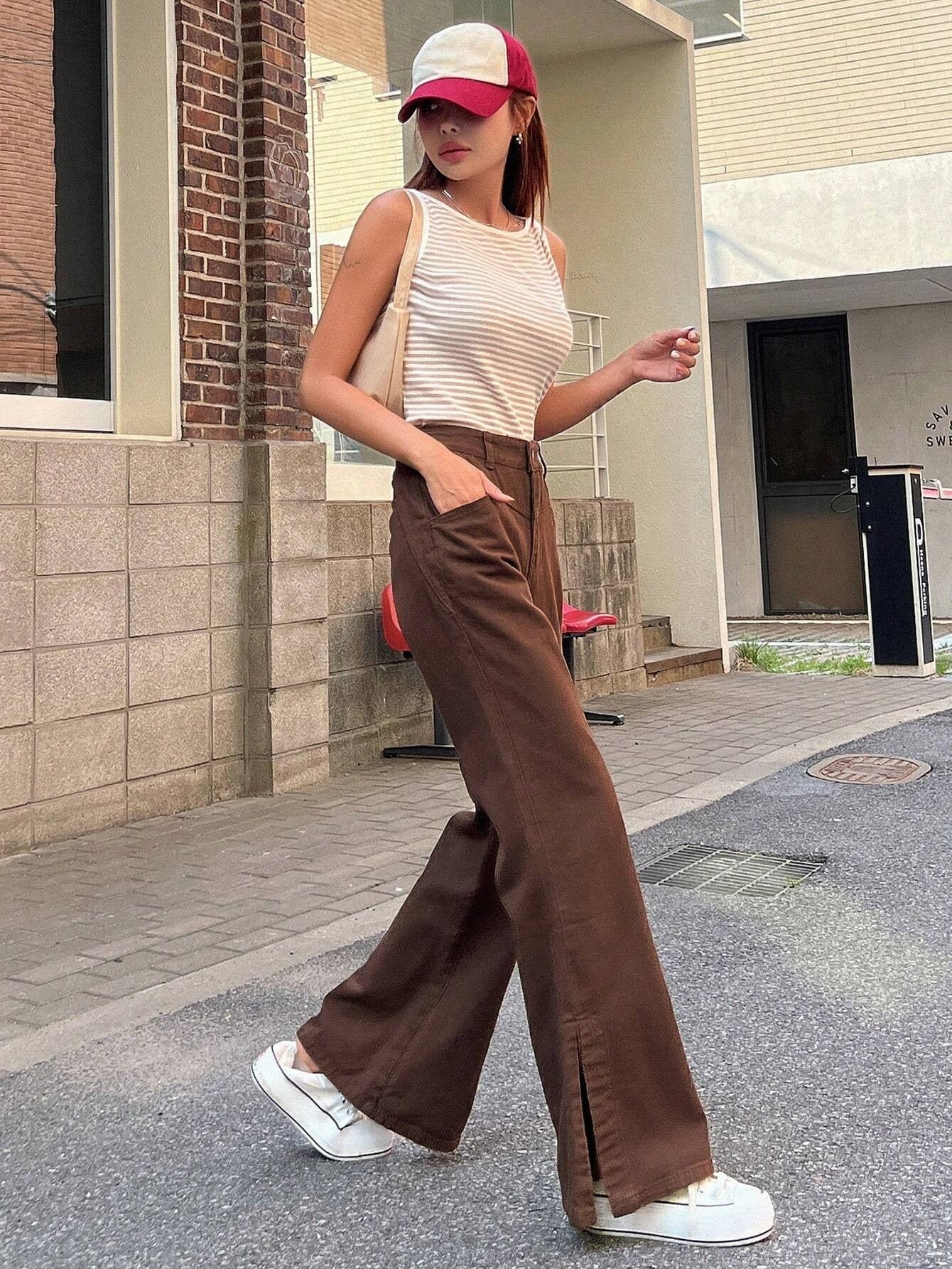 CM-BS292422 Women Casual Seoul Style Drop Waist Solid Flare Leg Jeans - Brown