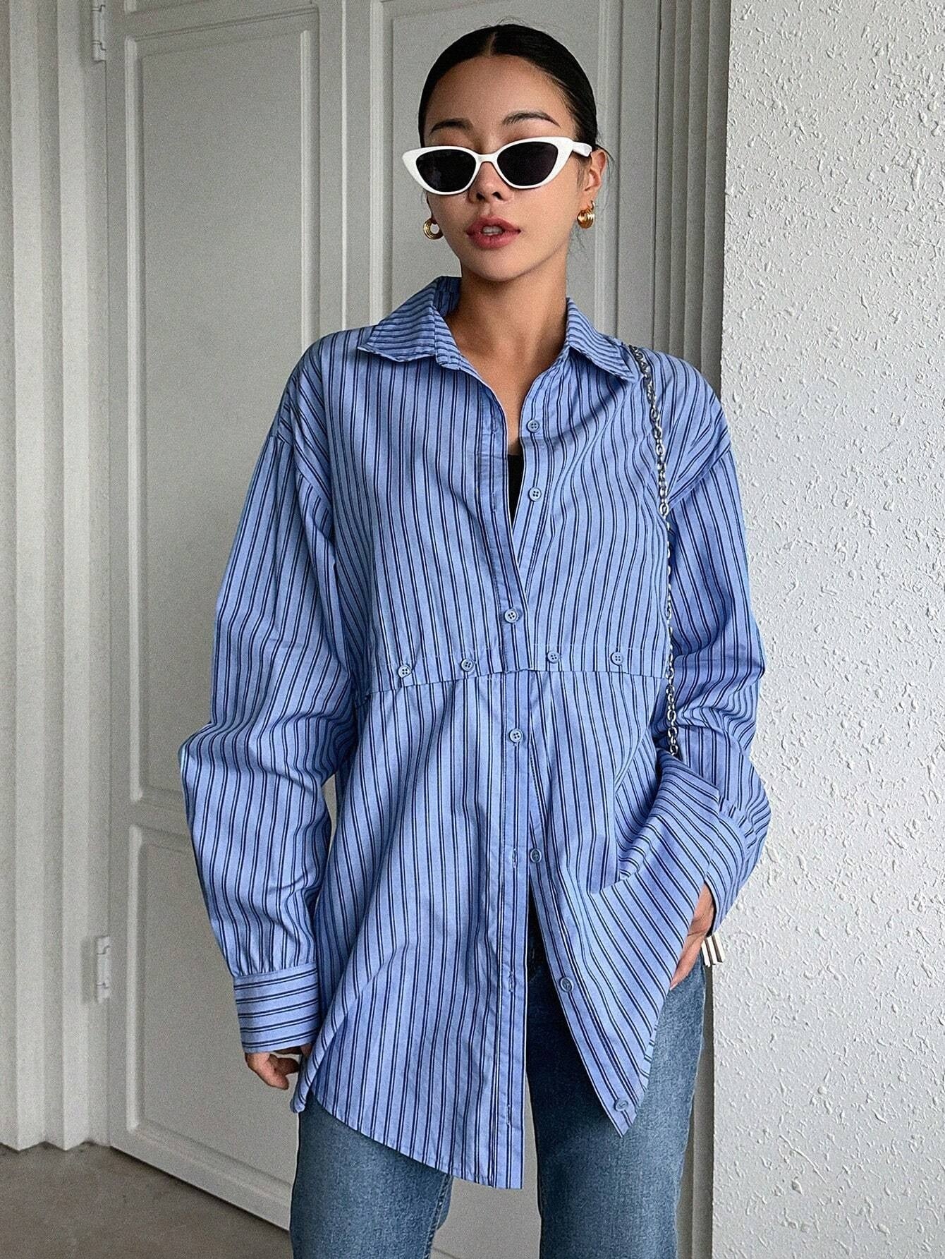 CM-TS536550 Women Casual Seoul Style Striped Print Button Front Shirt - Blue