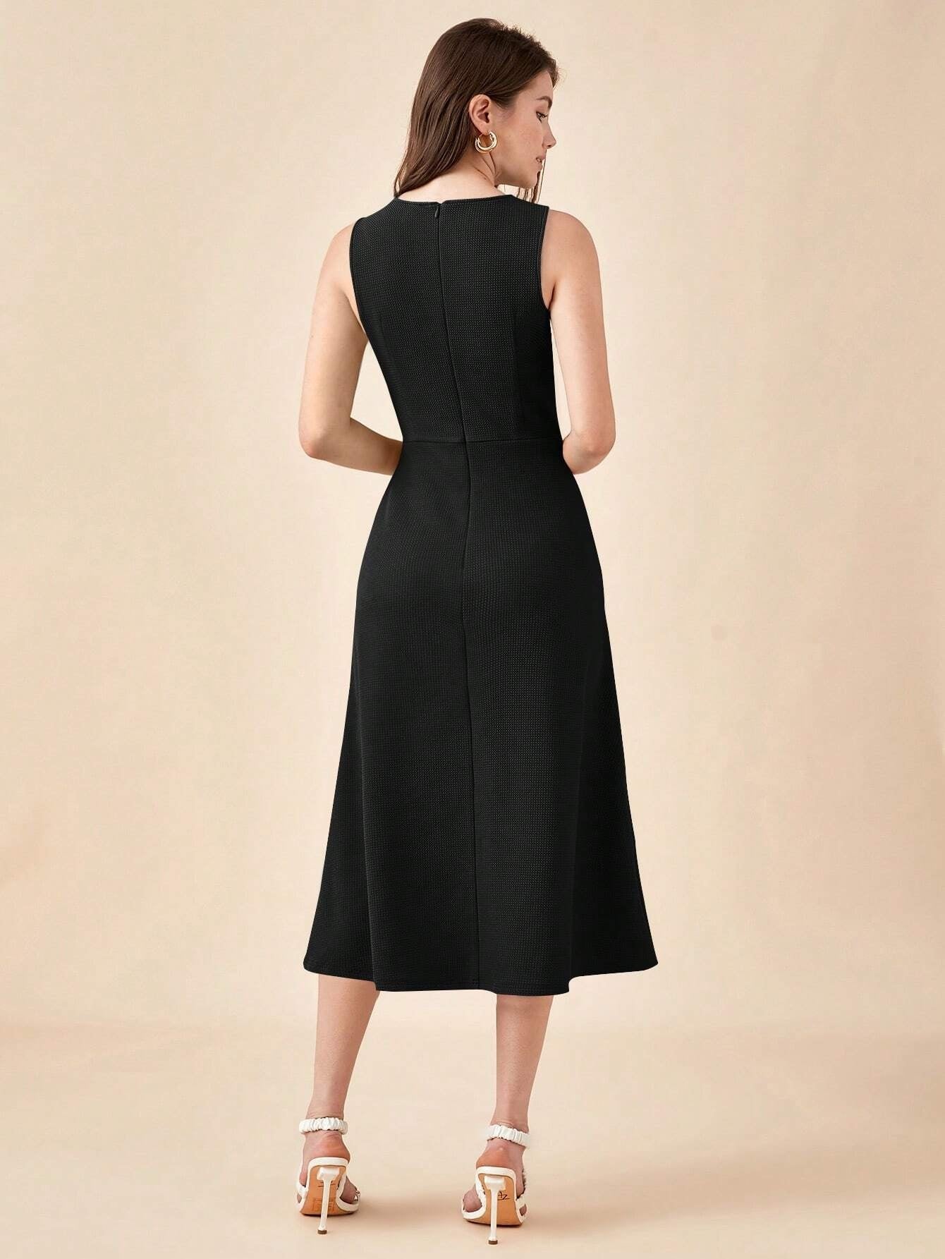 CM-DS648041 Women Elegant Seoul Style Sleeveless Solid Button Detail Dress - Black