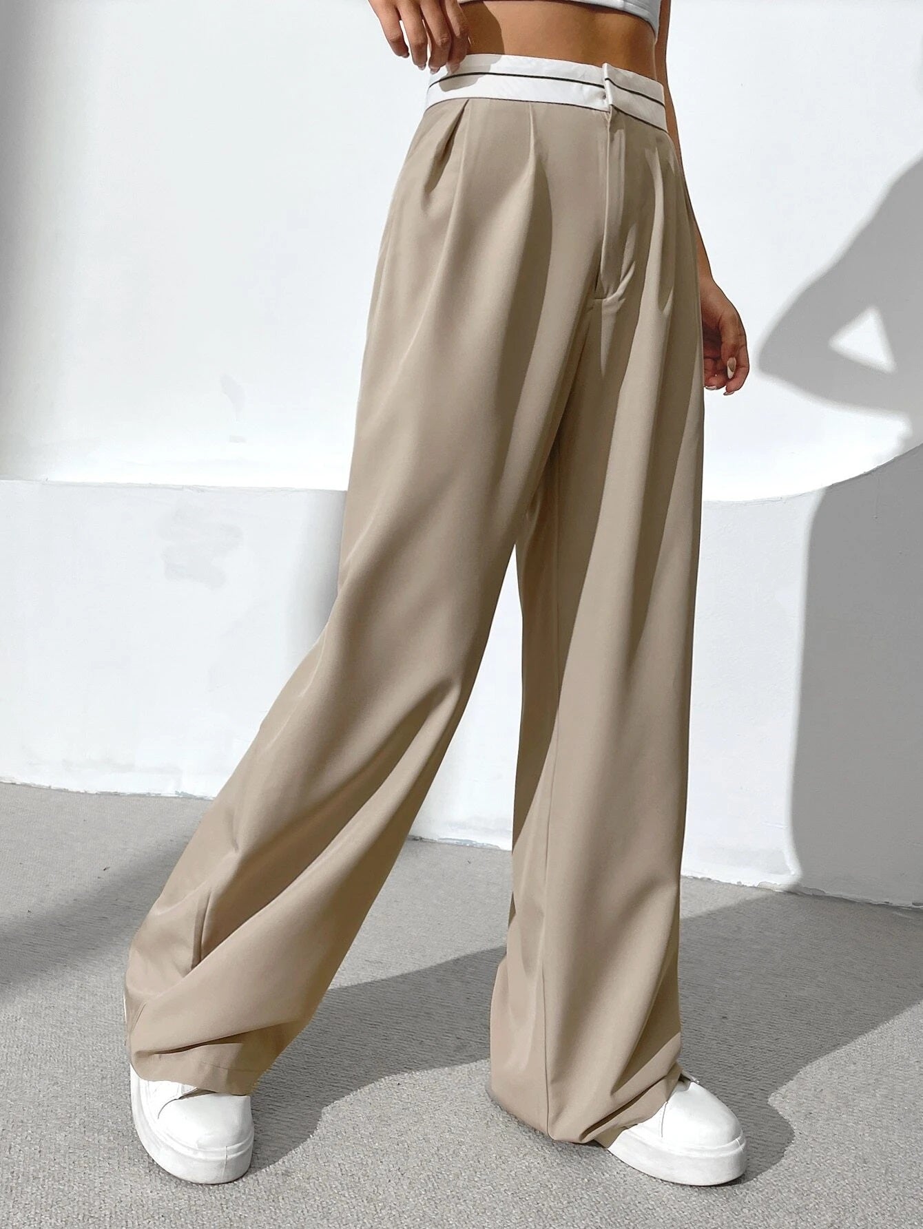 CM-BS933064 Women Casual Seoul Style Striped Waistband Wide Leg Pants - Apricot