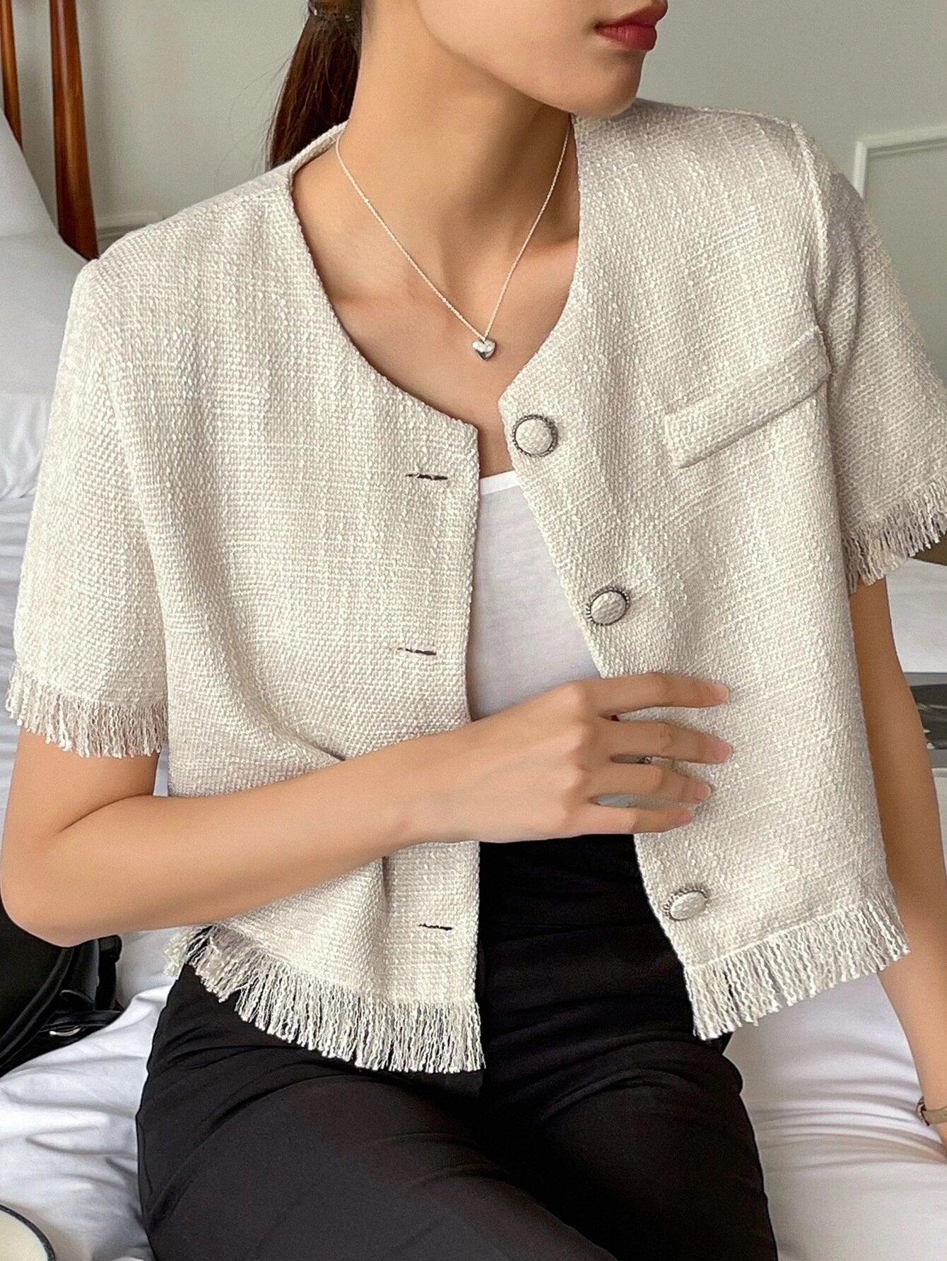 CM-TS168400 Women Casual Seoul Style Solid Button Front Raw Hem Crop Blouse - Apricot