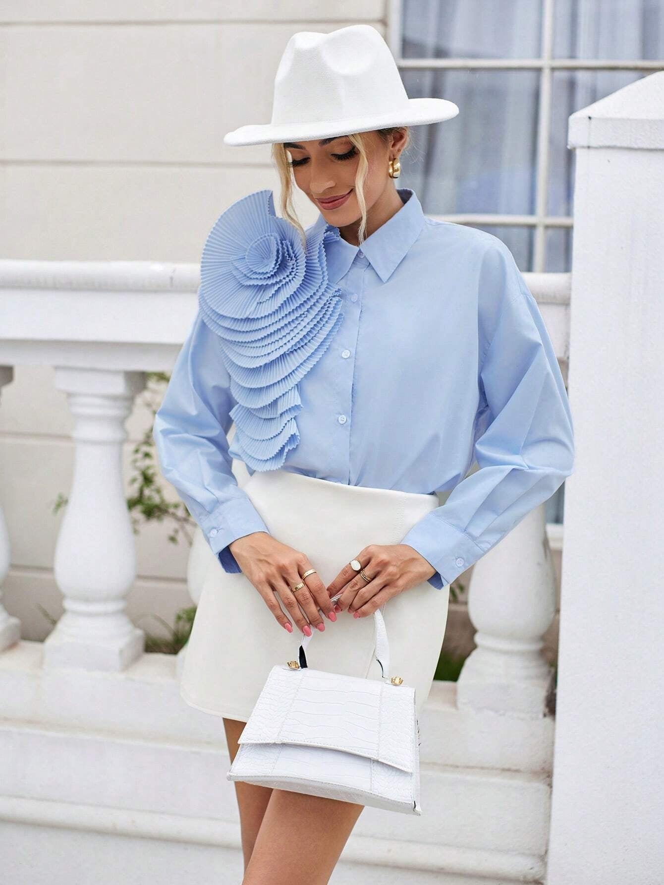 CM-TS609207 Women Elegant Seoul Style Drop Shoulder 3D Rosette Button Front Shirt - Blue