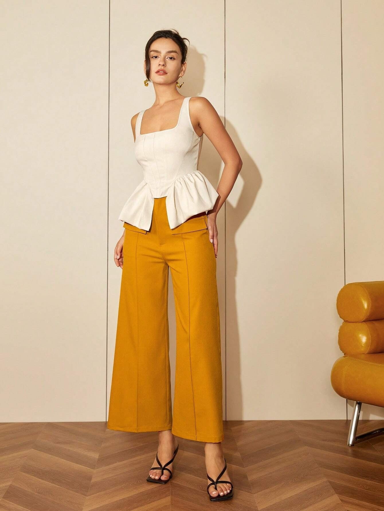 CM-TS657161 Women Casual Seoul Style Square Neck Asymmetrical Hem Top - Beige