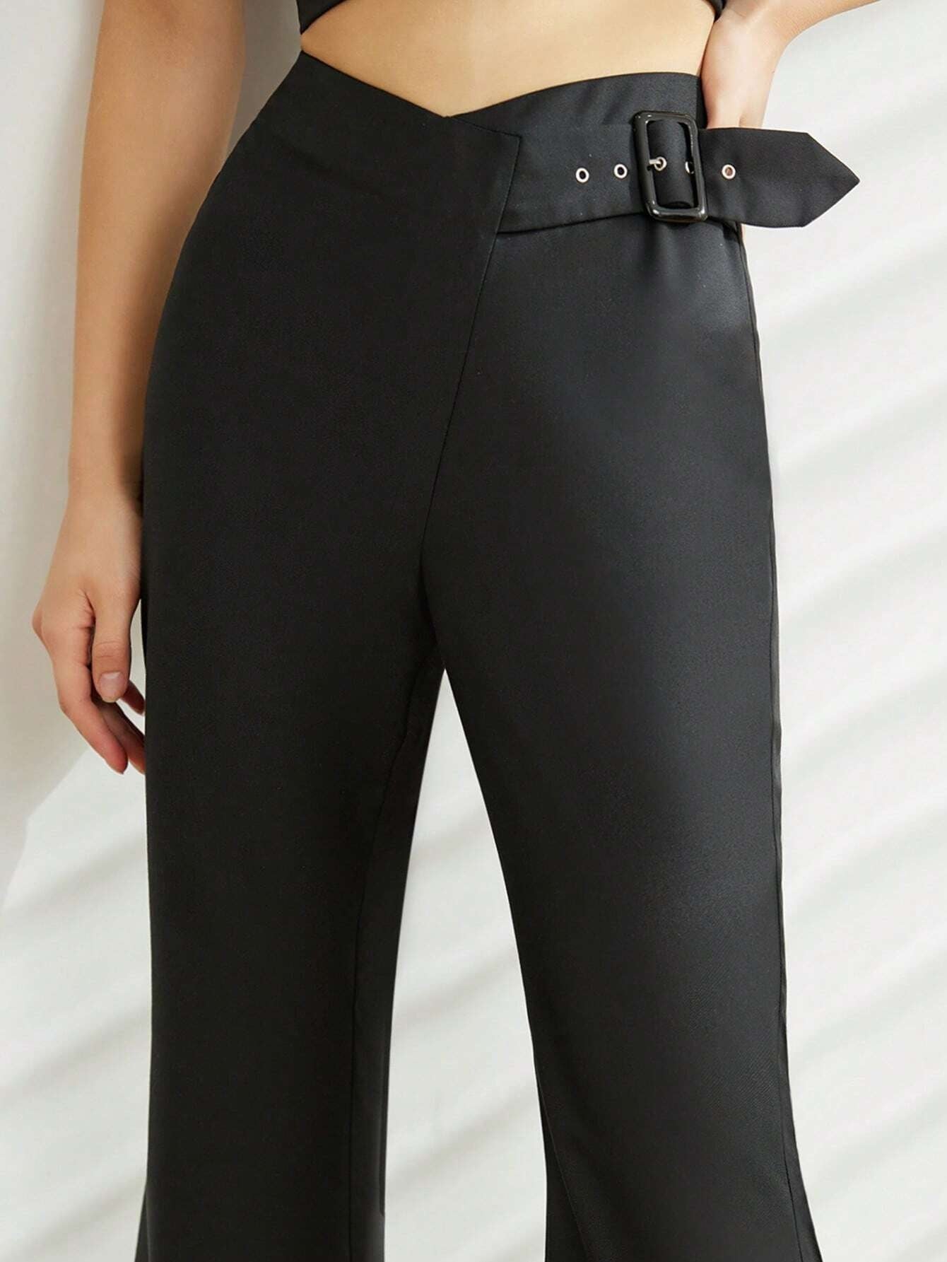 CM-BS453543 Women Elegant Seoul Style Asymmetrical Waistband Buckle Detail Flare Leg Pants