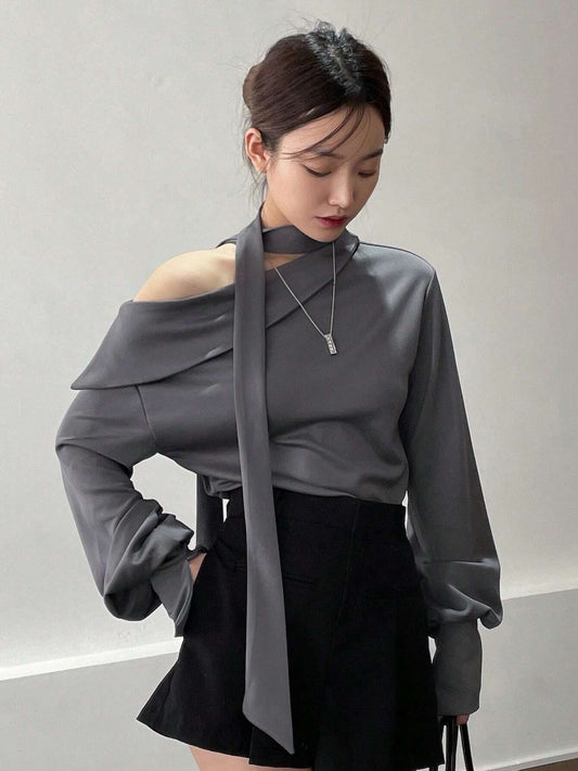 CM-TS926000 Women Casual Seoul Style Solid Asymmetrical Neck Drop Shoulder Blouse With Tie