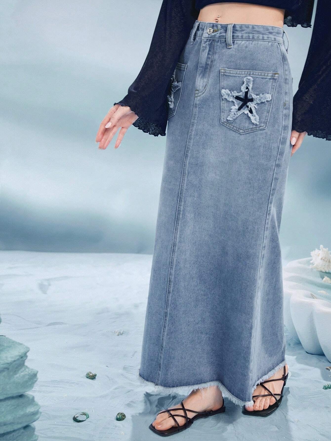 CM-BS422566 Women Casual Seoul Style Light Wash Star Print Raw Hem Denim Skirt