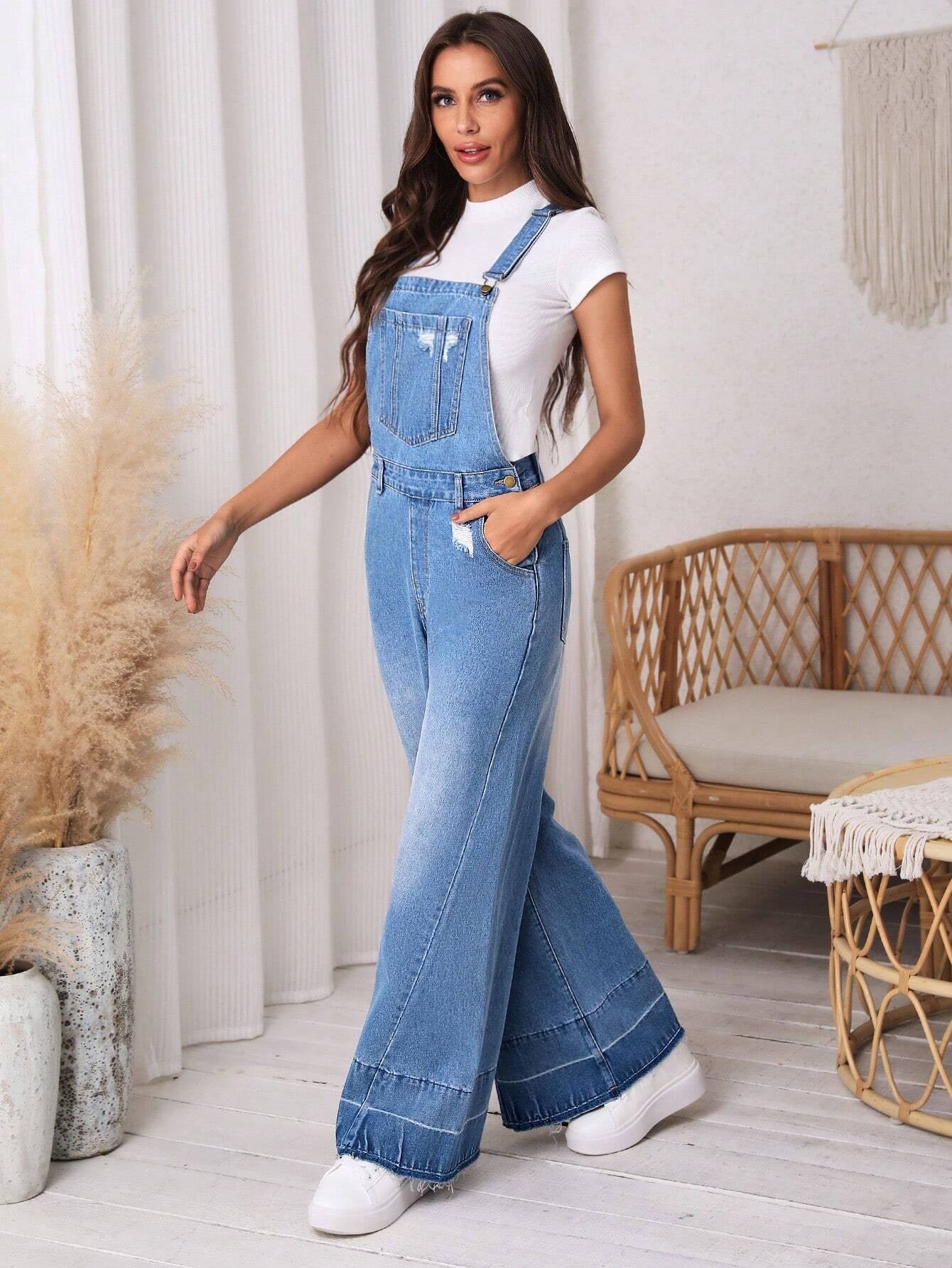 CM-JS769997 Women Preppy Seoul Style Medium Wash Ripped Wide Leg Denim Overalls