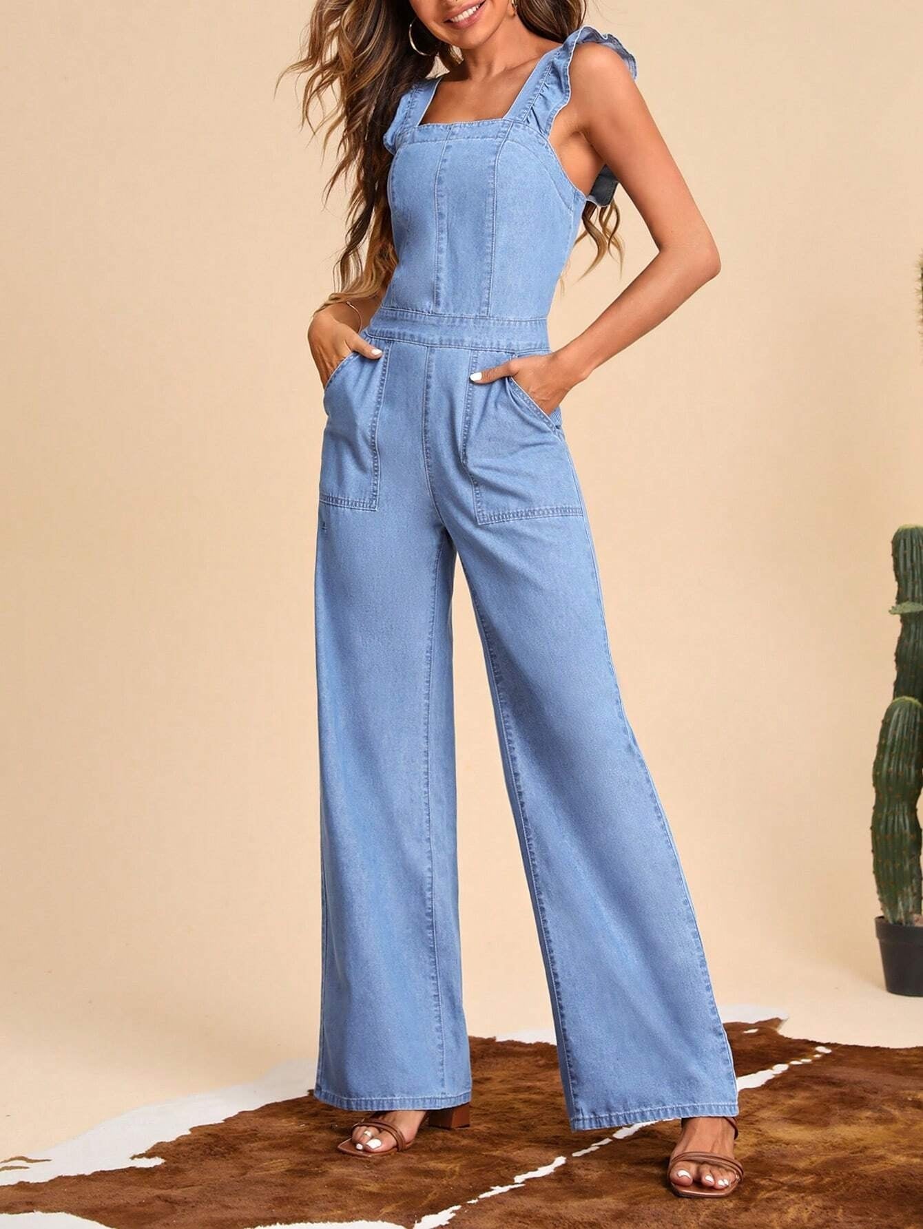 CM-JS626863 Women Preppy Seoul Style Light Wash Ruffle Trim Wide Leg Denim Jumpsuit
