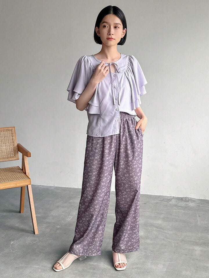 CM-TS227077 Women Casual Seoul Syle Tie Knot Neckline Ruffle Sleeve Button Down Shirt - Purple