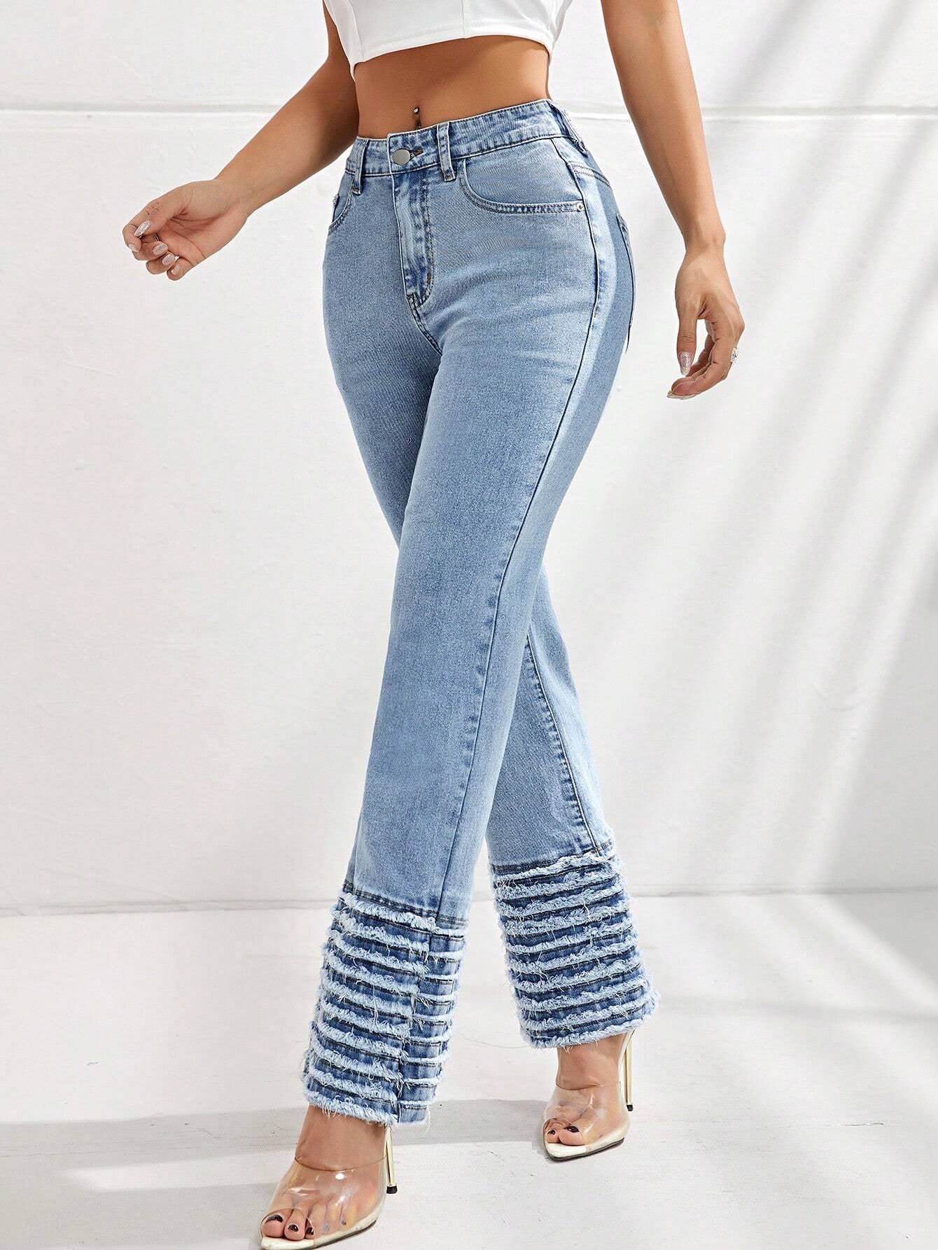 CM-BS076701 Women Preppy Seoul Style Light Wash Raw Hem Flare Leg Jeans