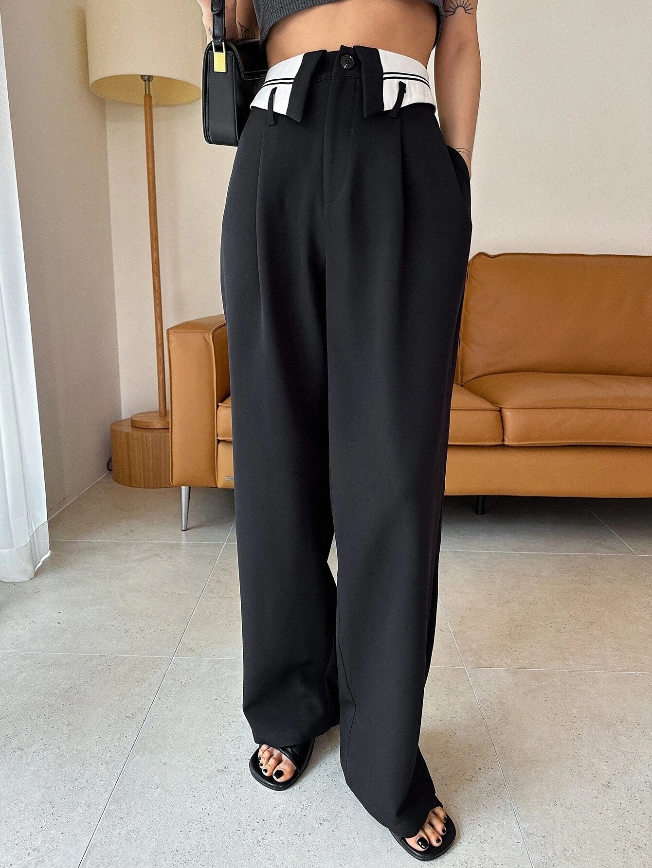 CM-BS225123 Women Casual Seoul Style High Waist Wide Leg Suit Pants - Black