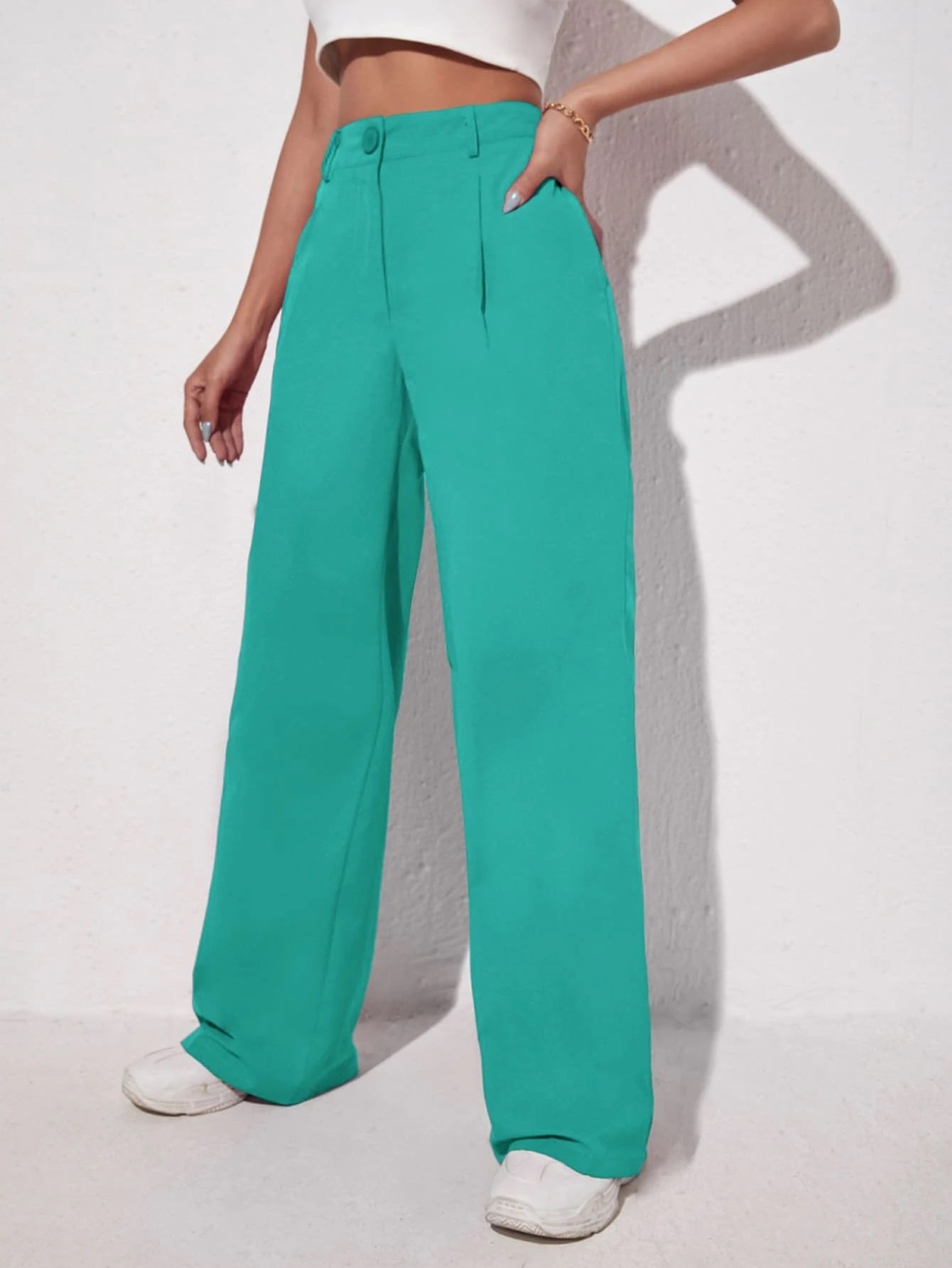 CM-BS437830 Women Elegant Seoul Style Solid Slant Pocket Wide Leg Pants - Mint Blue