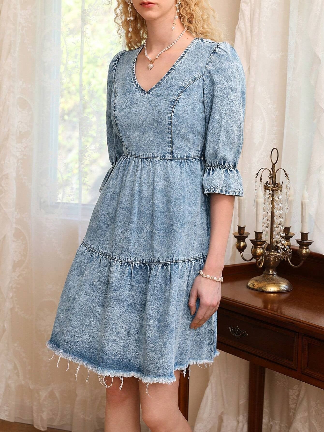 CM-DS670748 Women Preppy Seoul Style Medium Wash Flare Sleeve Raw Hem Denim Dress