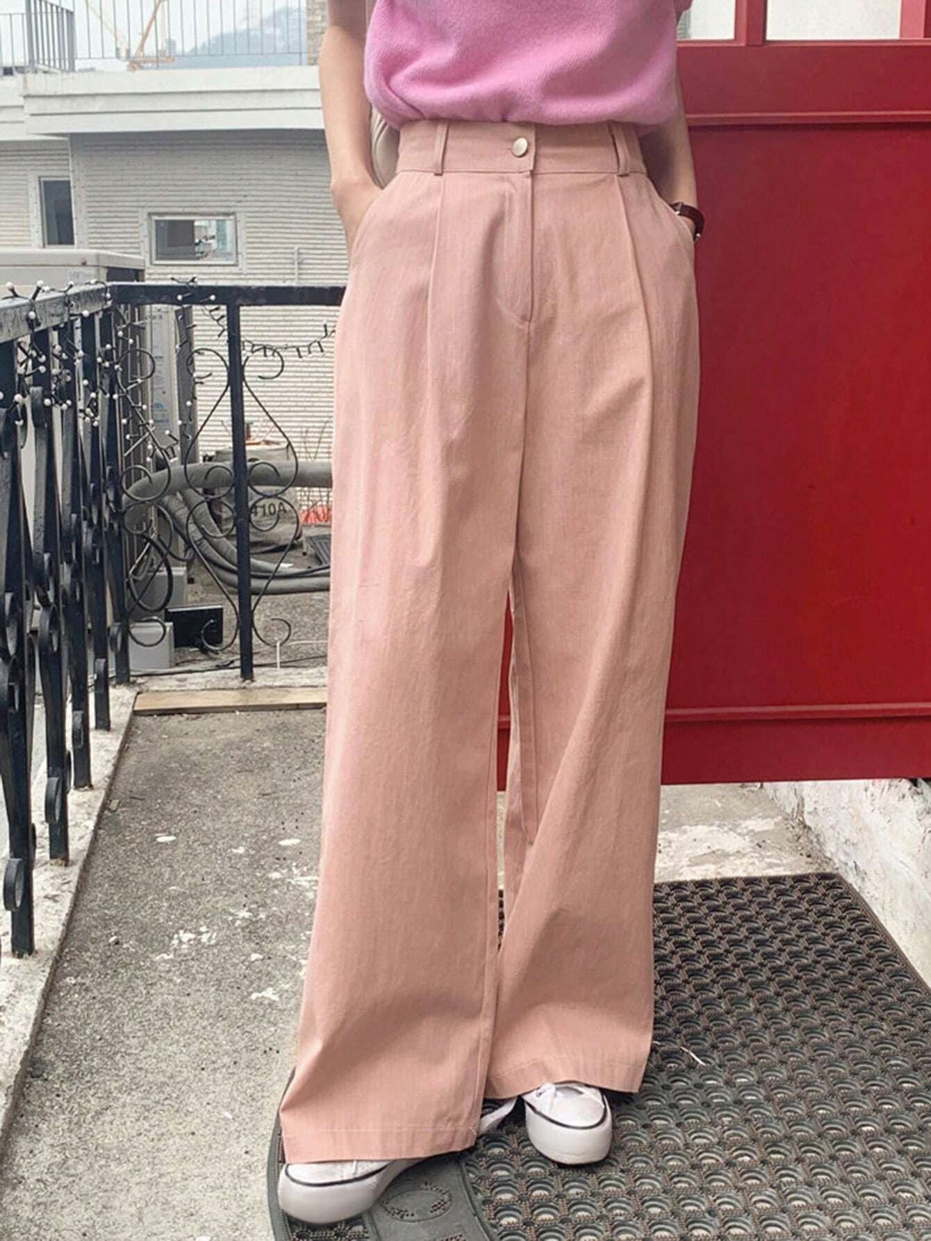 CM-BS190903 Women Casual Seoul Style Solid Slant Pocket Wide Leg Pants - Pink