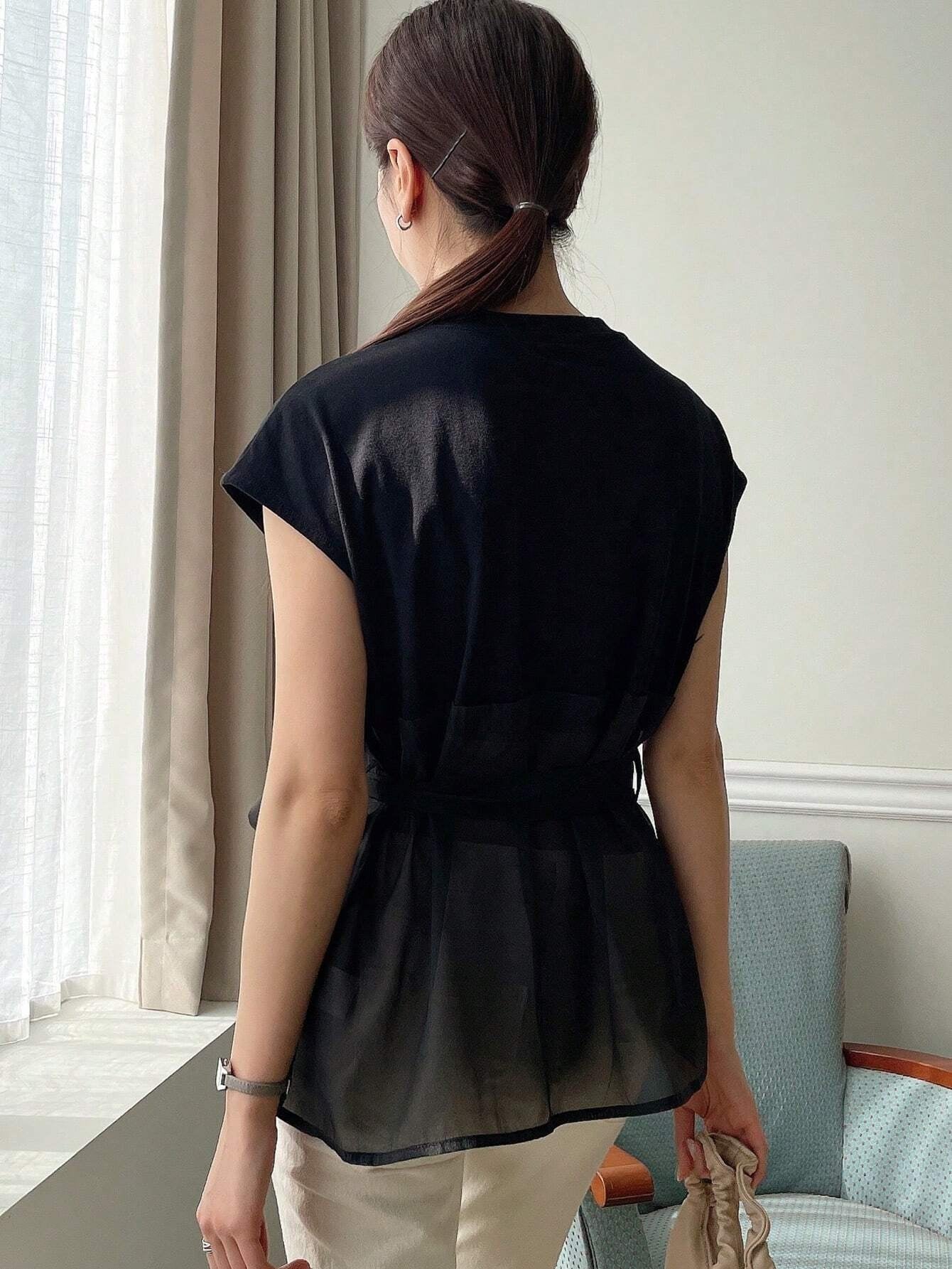 CM-TS603303 Women Casual Seoul Style Solid Belted Mesh Overlay Belted Tee - Black