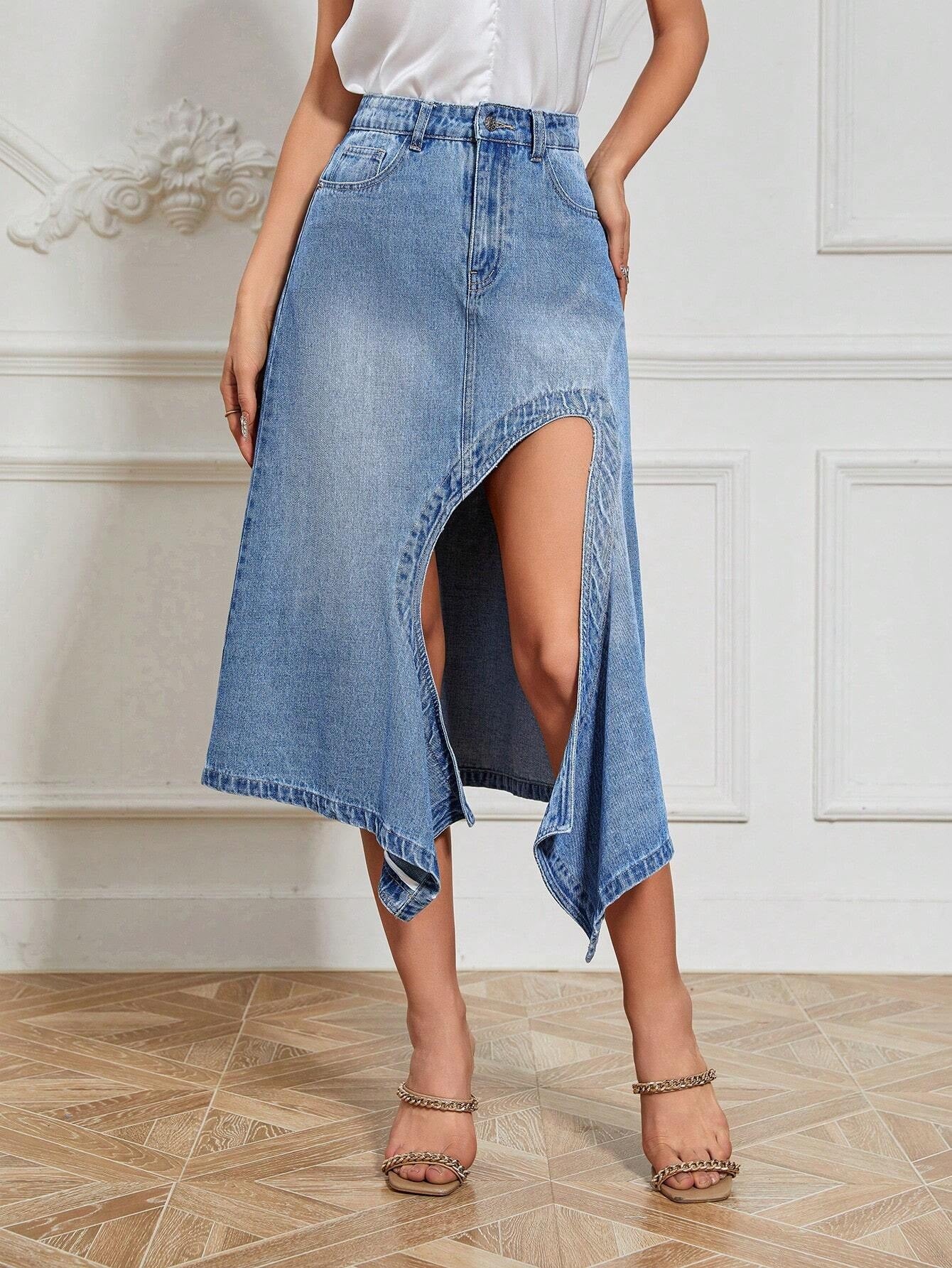 CM-BS151051 Women Preppy Seoul Style Light Wash Asymmetrical Hem Denim Skirt